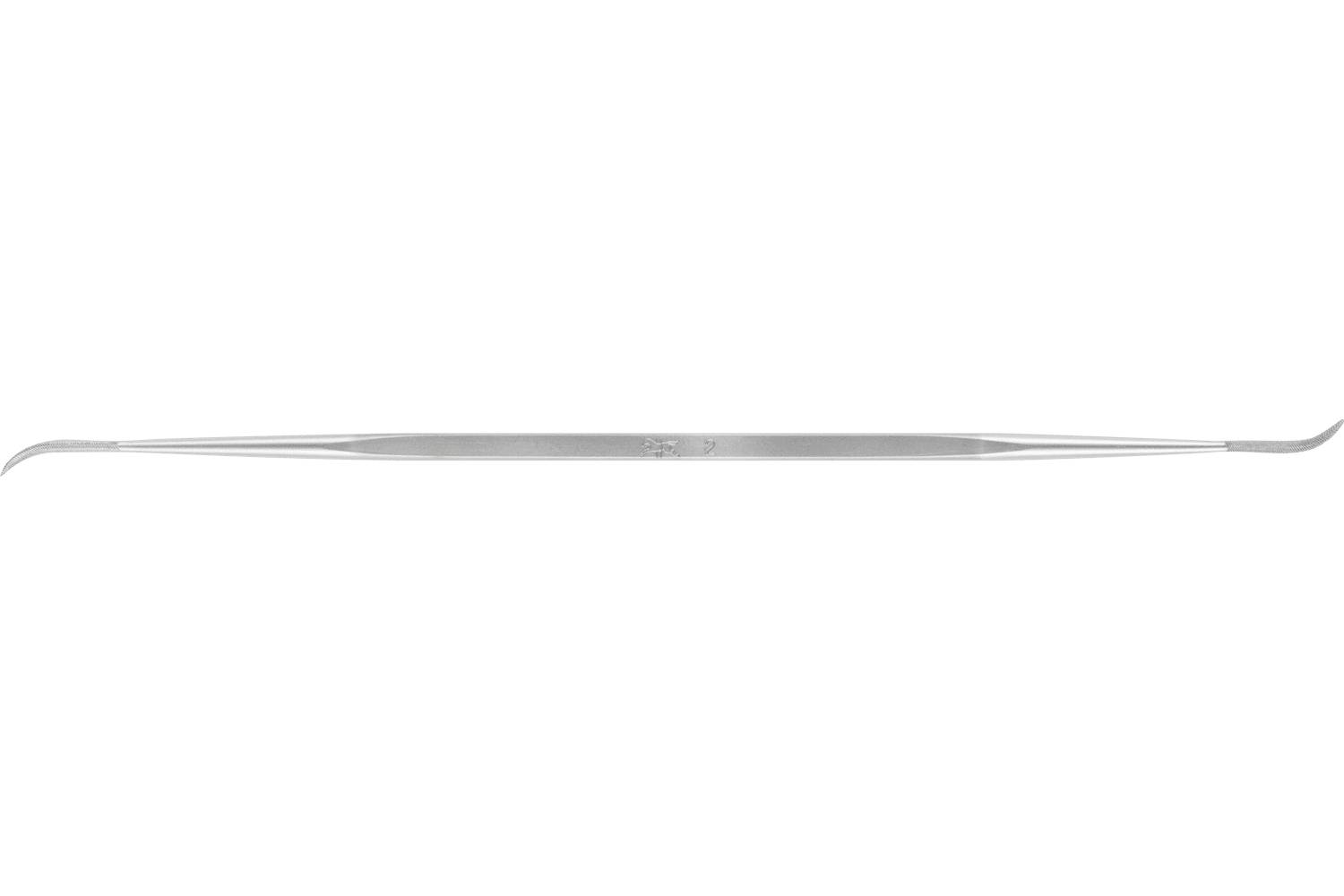 A metal double-ended skin tweezer with tapered pointed tips, shown horizontally on a white background.