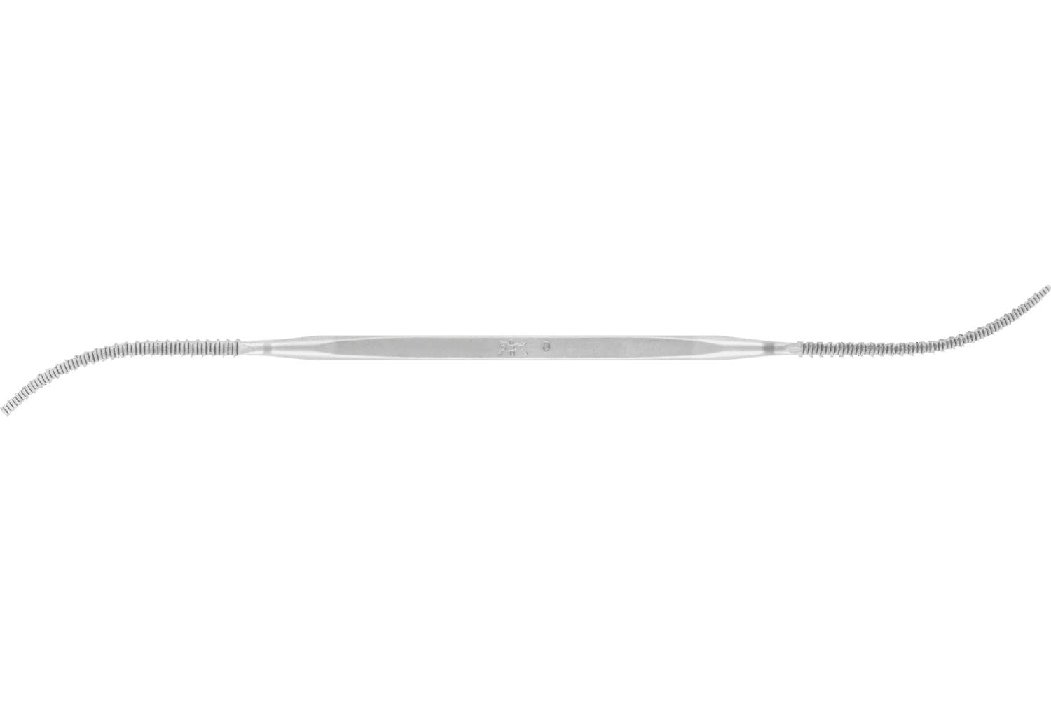 A long, thin metallic tool with a tapered central handle and coiled wire ends extending left and right on a white background.