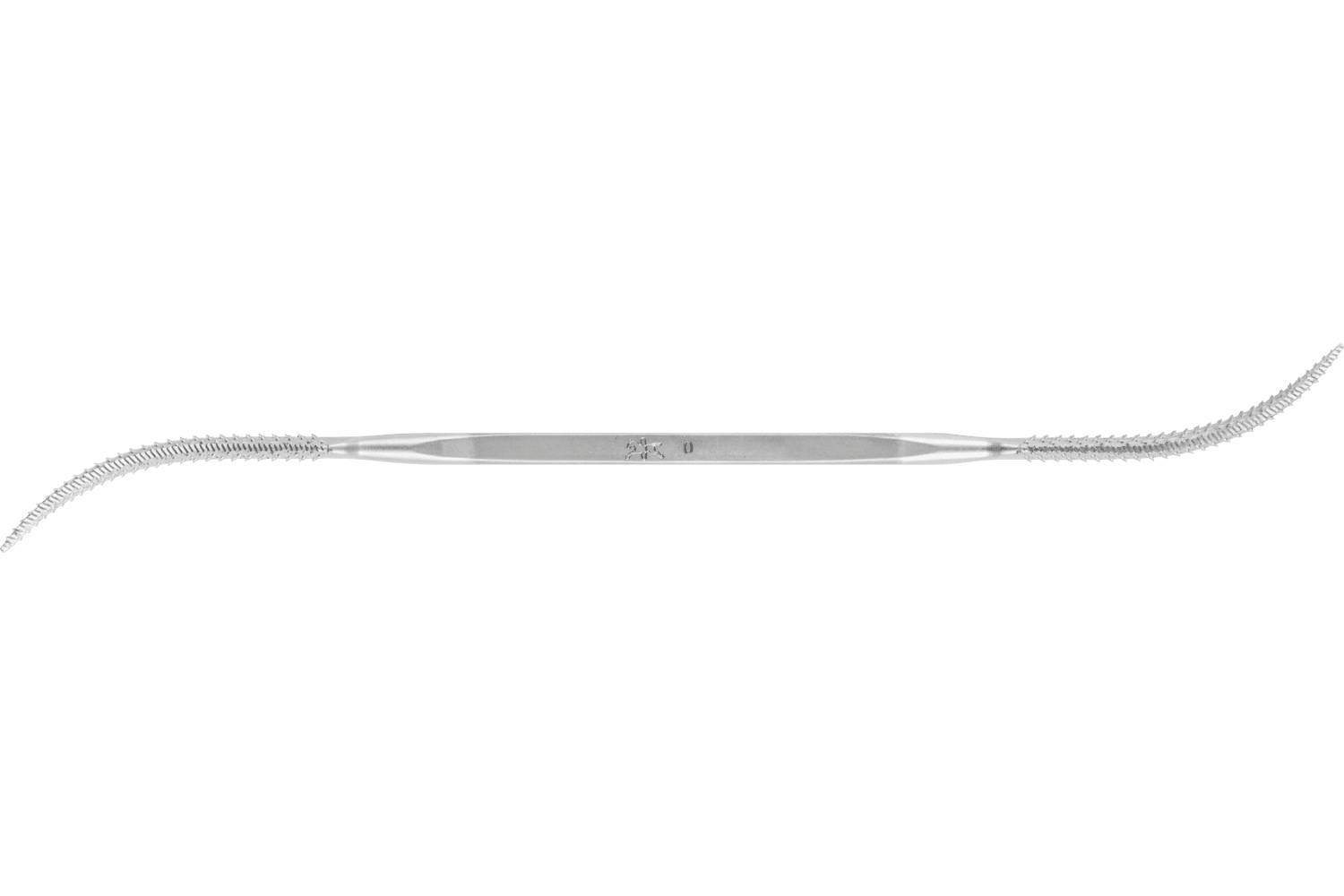 Long curved metal instrument with a narrow central handle and serrated, flexible ends, shown on a white background.