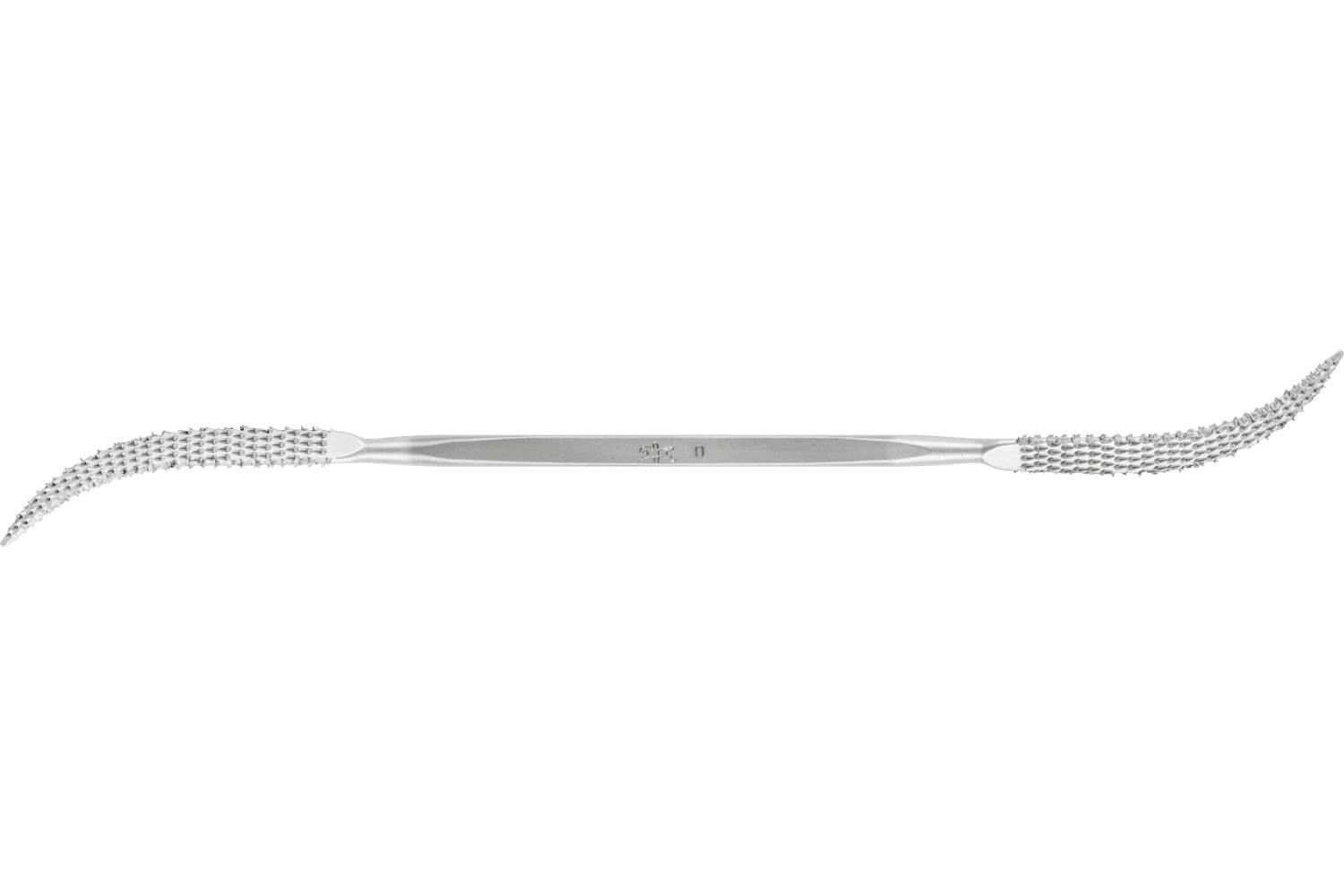 Double-ended dental scaler with a long metal handle and curved textured working tips on both ends.