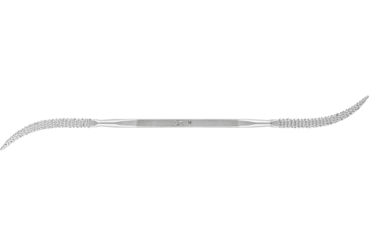 Metal double-ended dental scaler with angled, serrated tips on both ends
