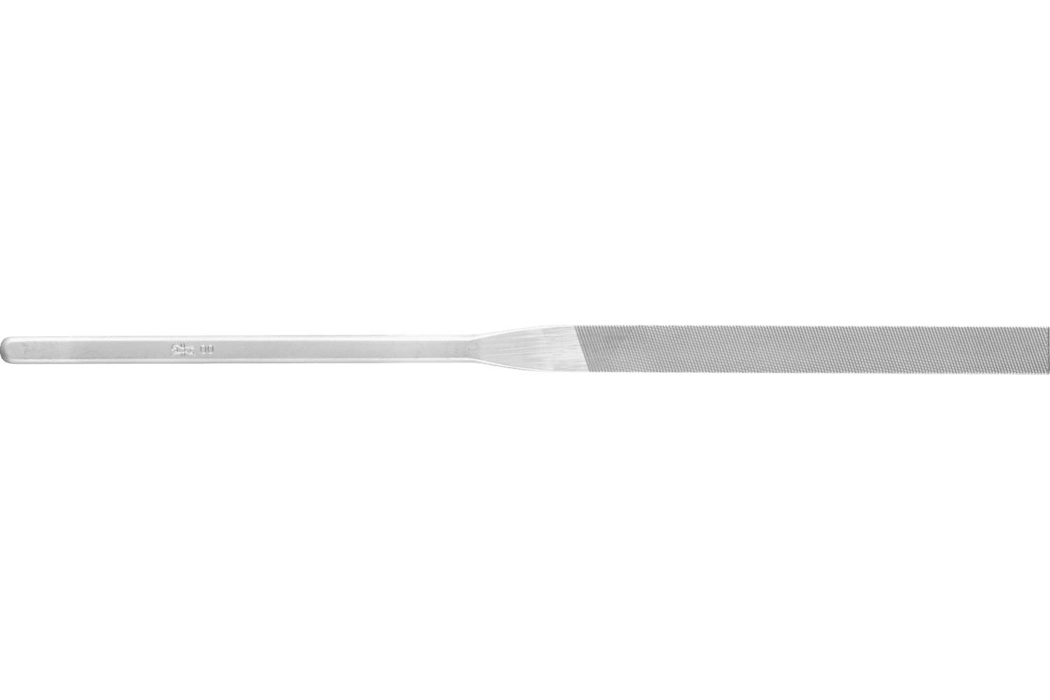 A metal nail file with a slim handle and wide abrasive filing surface on a white background.