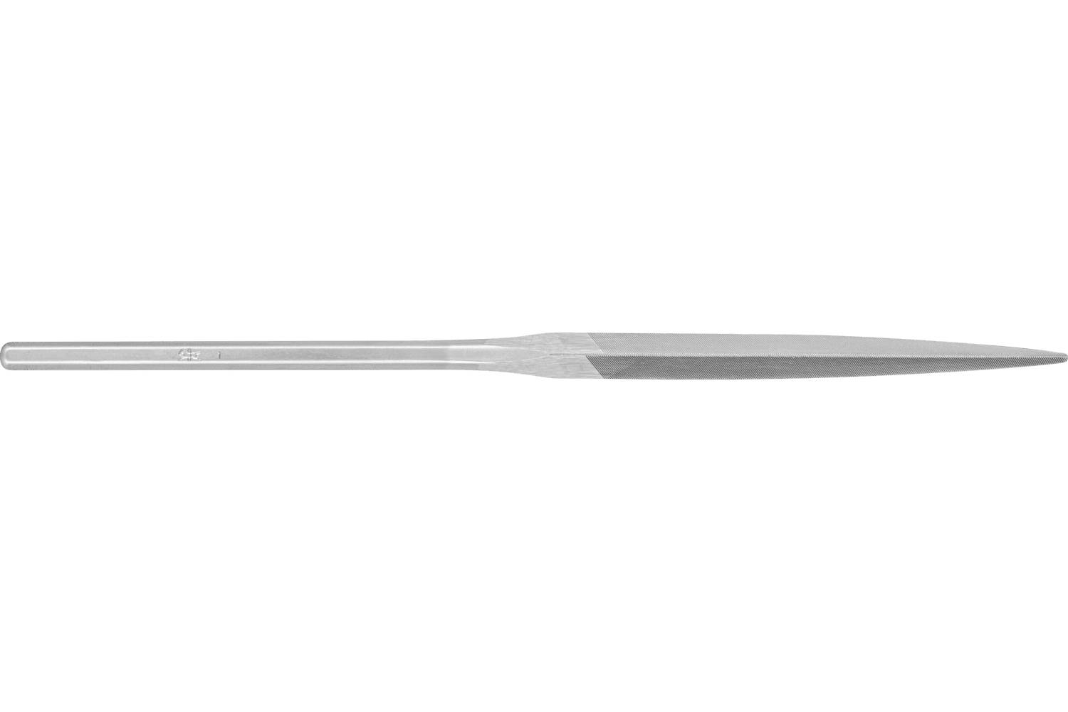A long silver metal file or rasp shown in side view on a white background, with a handle on the left and pointed working end on the right.