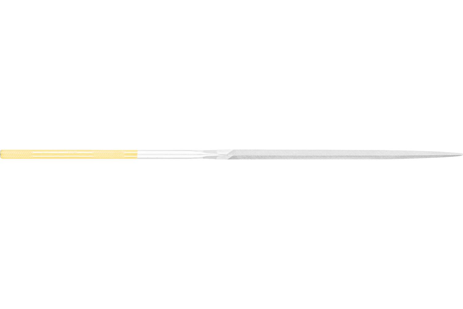 A long thin needle or stylus lies horizontally on a white background, with a gold-and-white handle on the left and a pointed silver tip on the right.