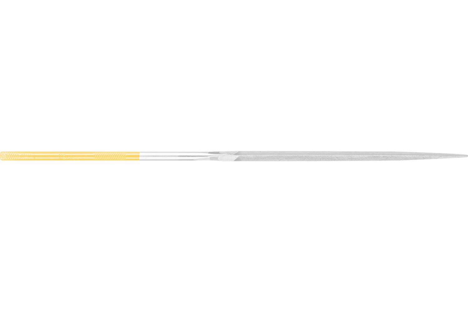 A thin horizontal needle-like object with a yellow-striped left section and a long silver pointed tip on a white background.