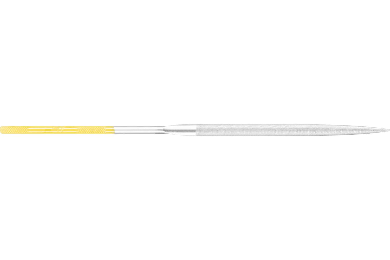 A paintbrush with a yellow handle and white bristles lies horizontally on a white background.