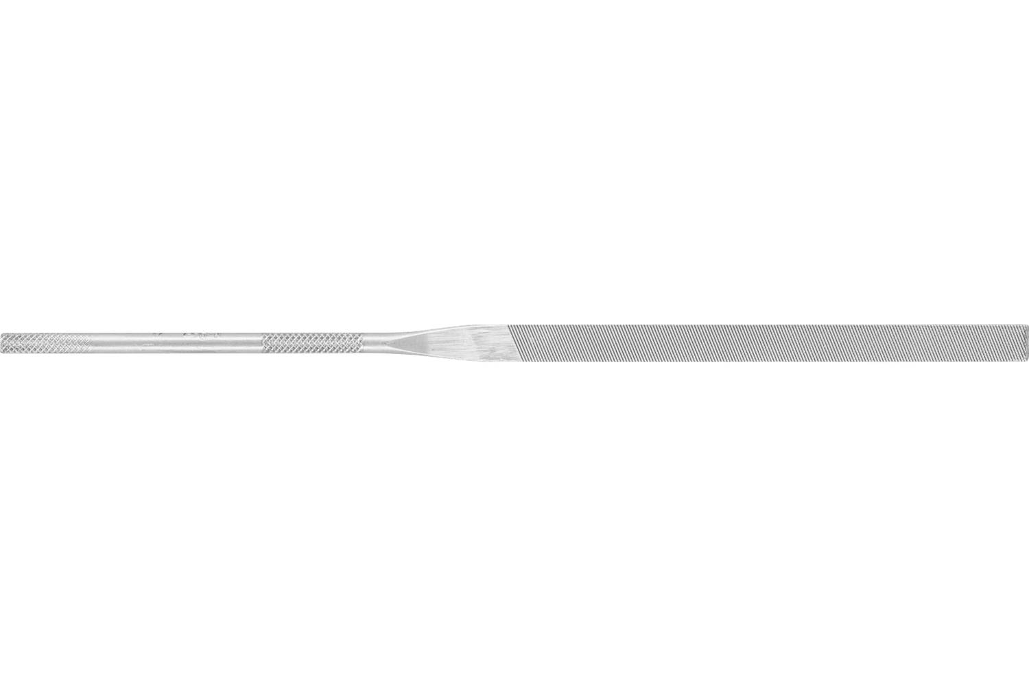 Long, thin metal file or rasp tool with a textured handle and tapered working end on a white background