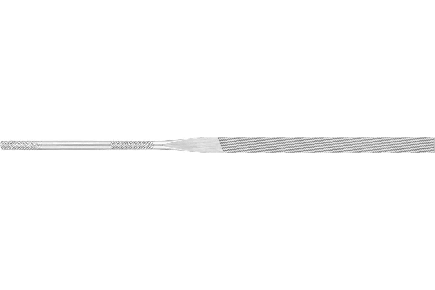 A metal file tool with a textured handle and flat tapered blade on a white background.