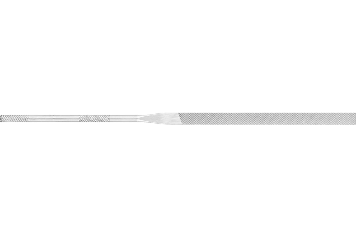 A long, thin silver metal file or rasp with a textured handle and tapered shaft, shown horizontally on a white background.