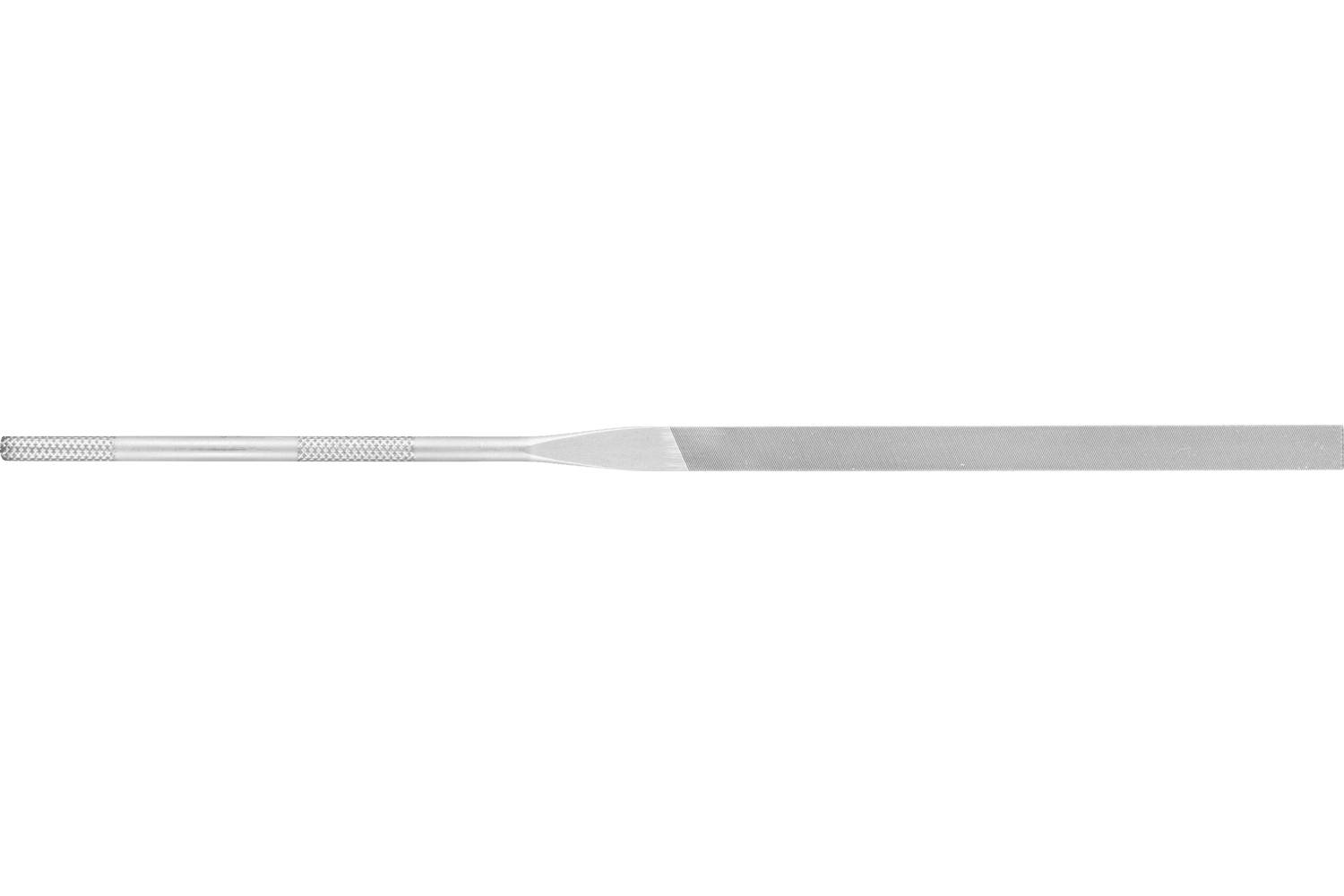 A long, thin metal file with a textured handle and tapered shaft on a white background.