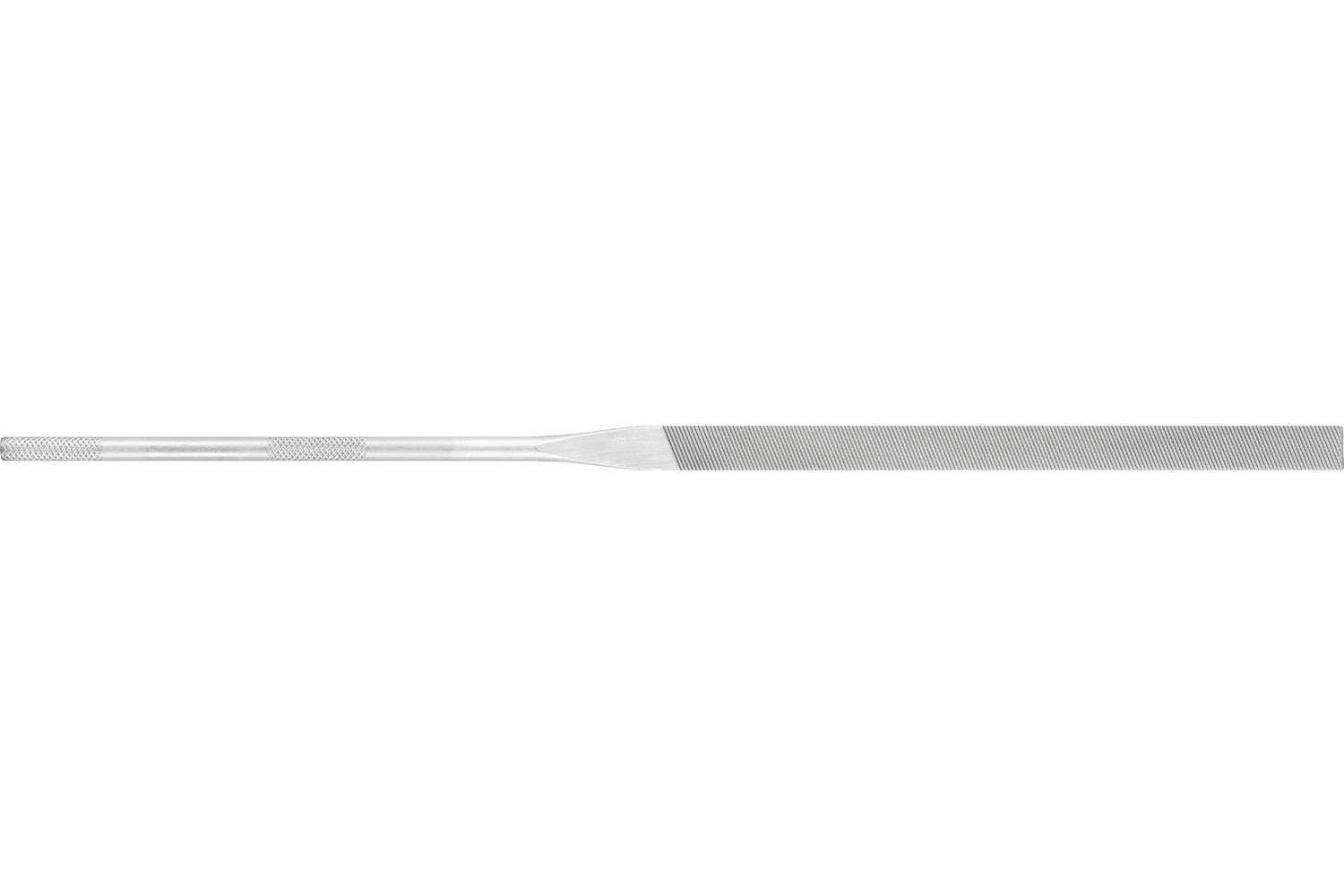 A long, flat metal file with a textured handle and tapered middle, shown horizontally on a white background.