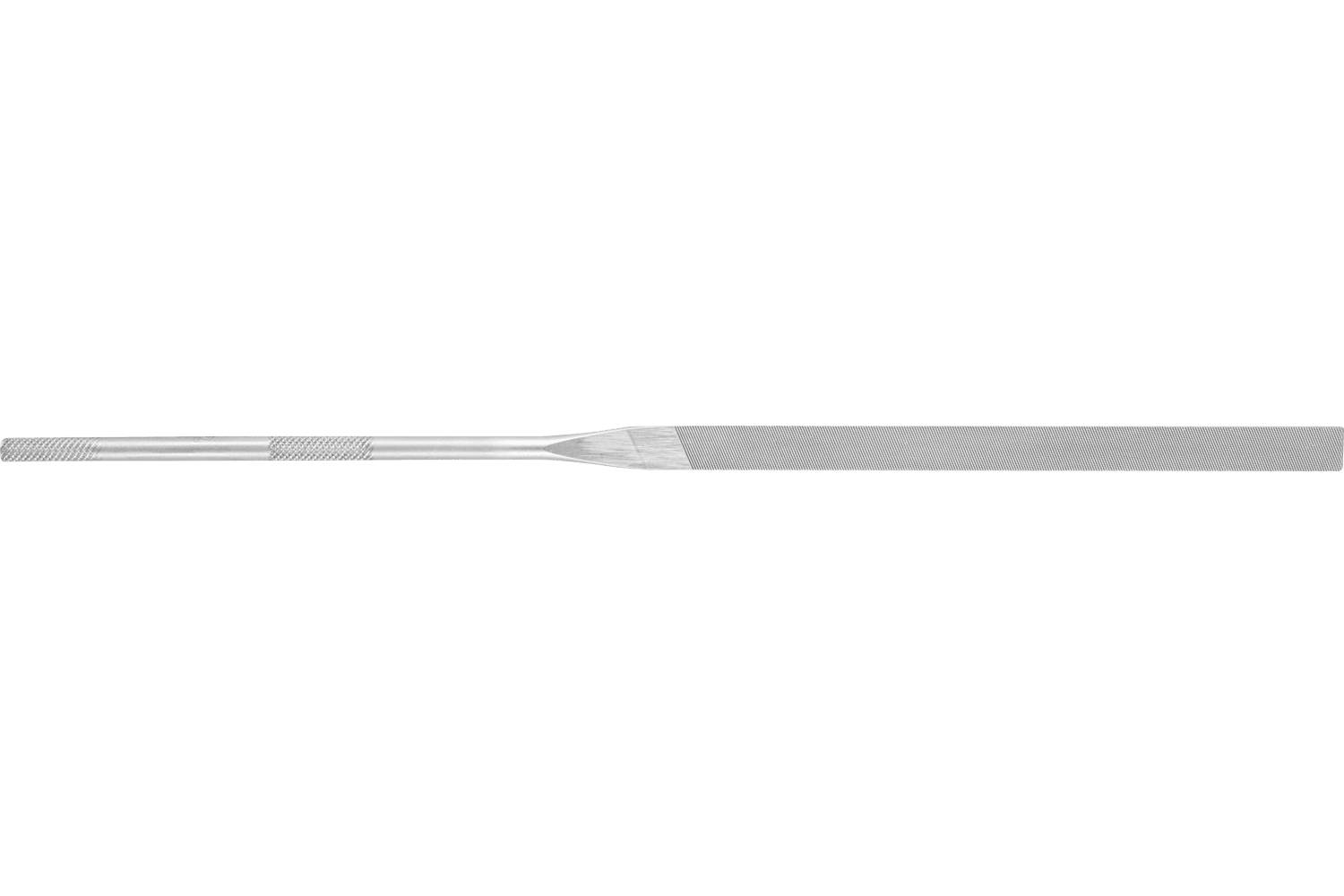 A metal file with a flat rectangular shaft and textured handle, shown horizontally on a white background.