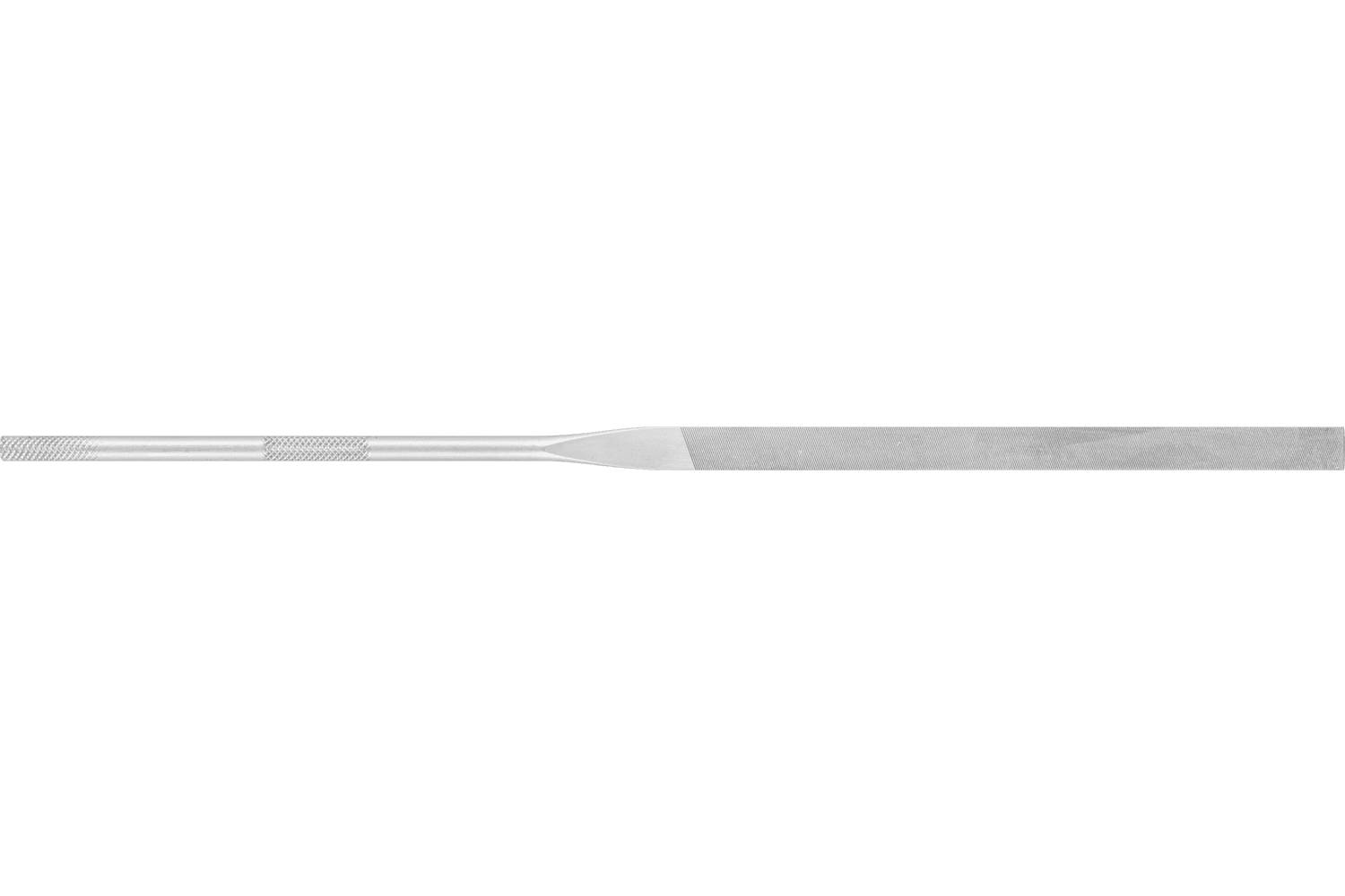 Long, thin metallic file with a tapered handle and wider flat working end, shown horizontally on a white background.