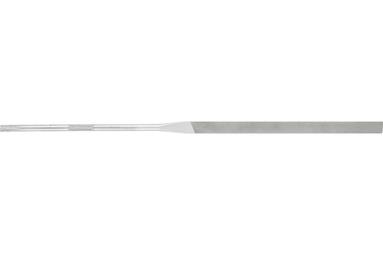 A long, thin metal file or rasp laid horizontally on a white background, with a textured handle and tapered tip.