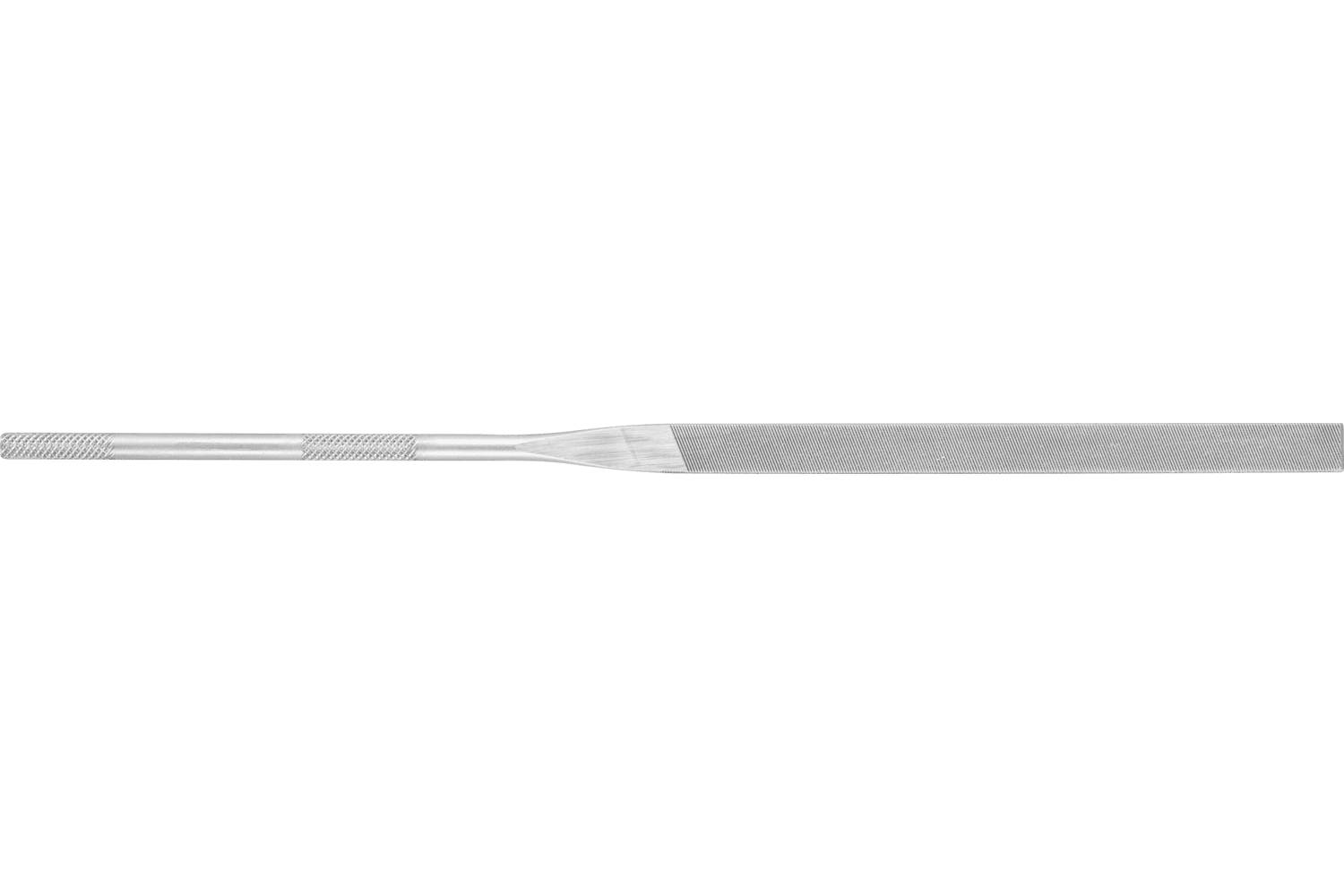 A long, thin metal file with a textured handle on the left and a tapered flat blade extending to the right on a white background.