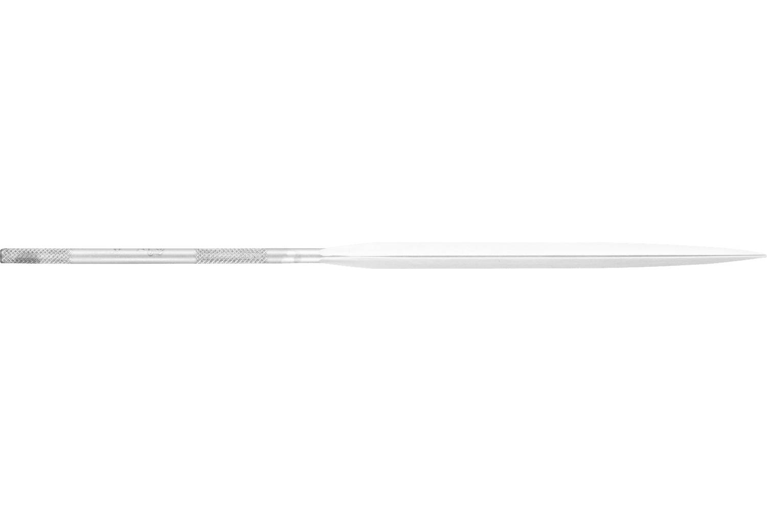 A thin silver needle-like tool shown horizontally on a white background, with a textured handle on the left and a long tapered point on the right.