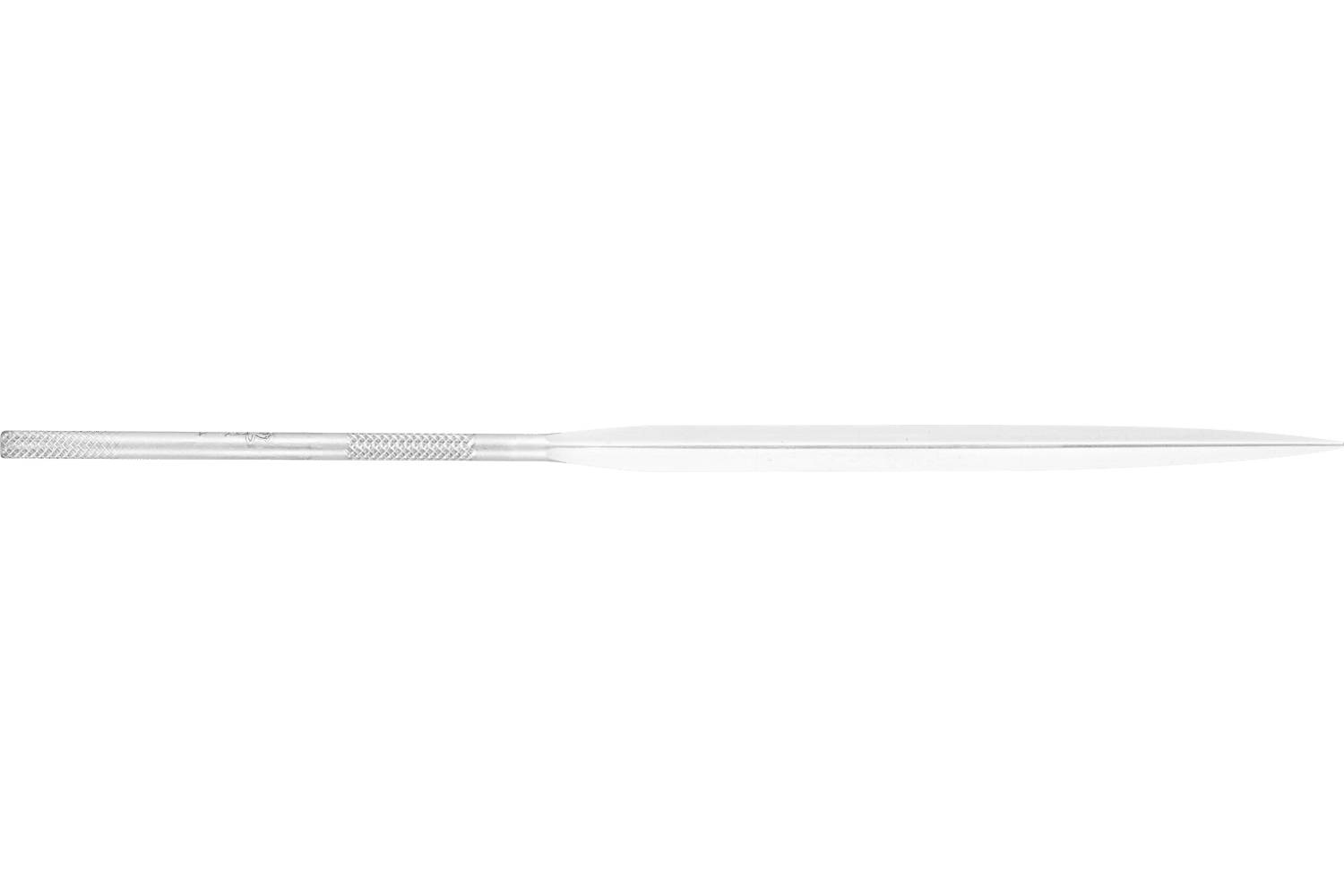 A slim silver metal file with a textured handle lying horizontally on a white background.