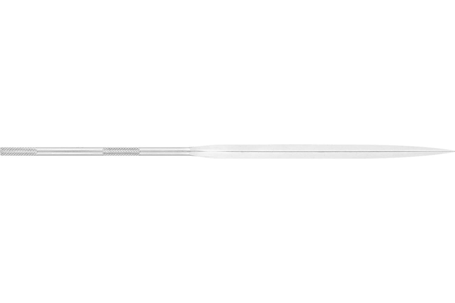 A slender silver needle or stylus lies horizontally on a white background, with a textured handle on the left and a pointed tip on the right.