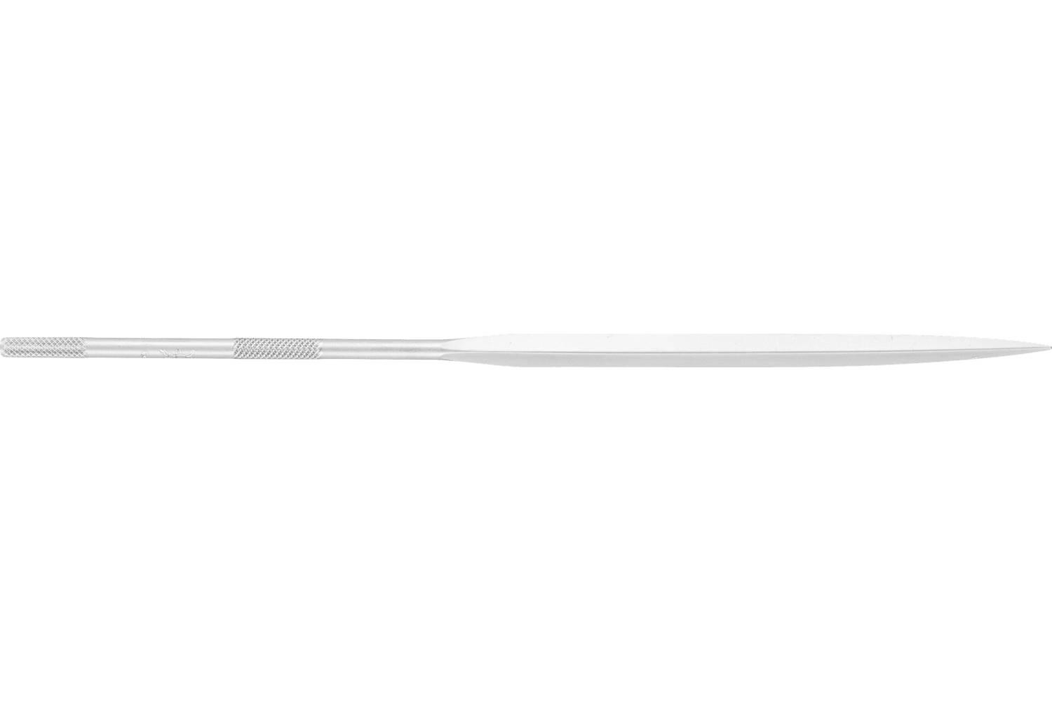 A silver dental instrument with a pointed tip and textured grip, shown horizontally on a white background.