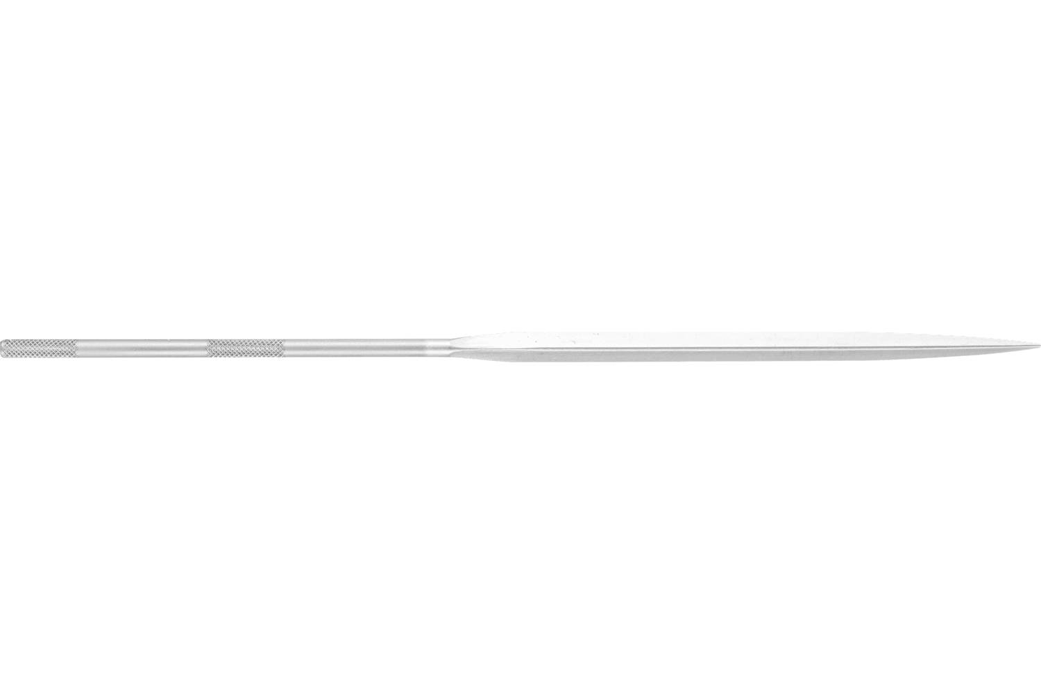 A slender silver needle or probe shown horizontally on a white background, with a textured grip on the left and a pointed tip on the right.