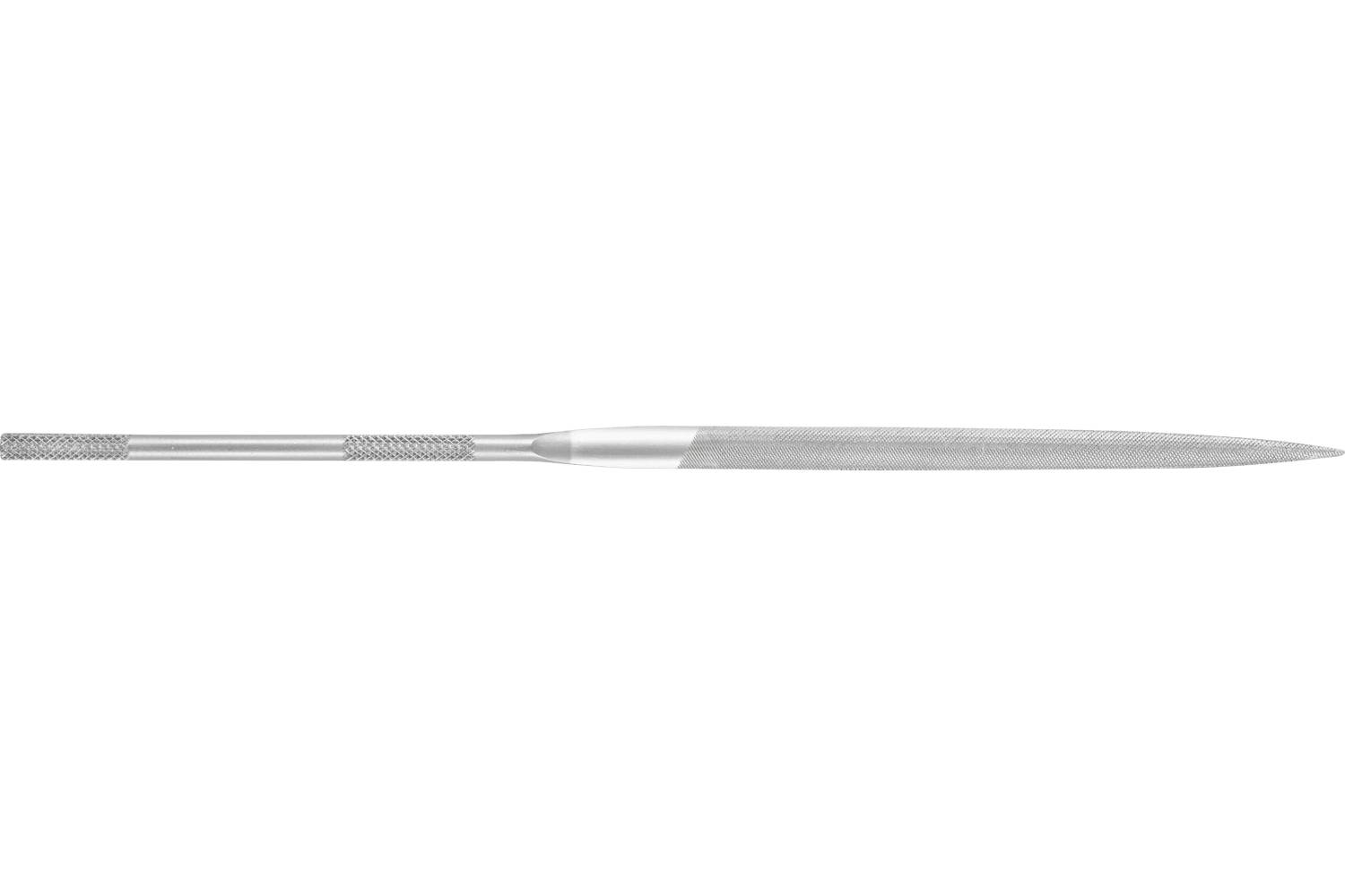 A silver dental scaler or probe with a textured handle and a long pointed tip on a white background.