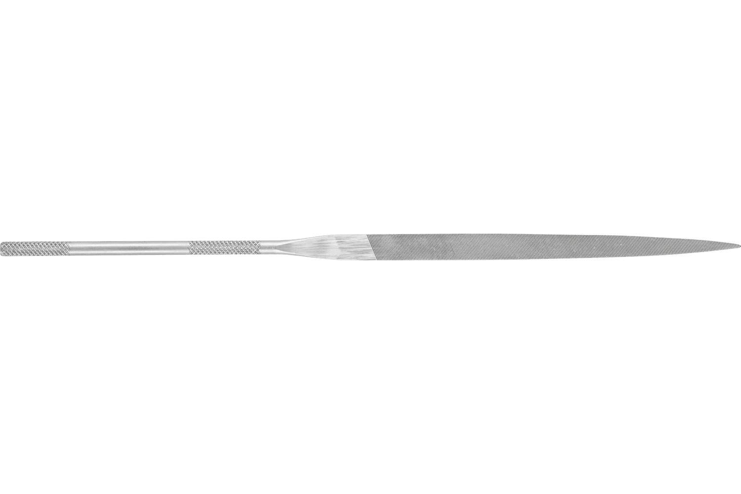 A metal dental file or burnisher tool with a knurled handle and long tapered shaft on a white background.