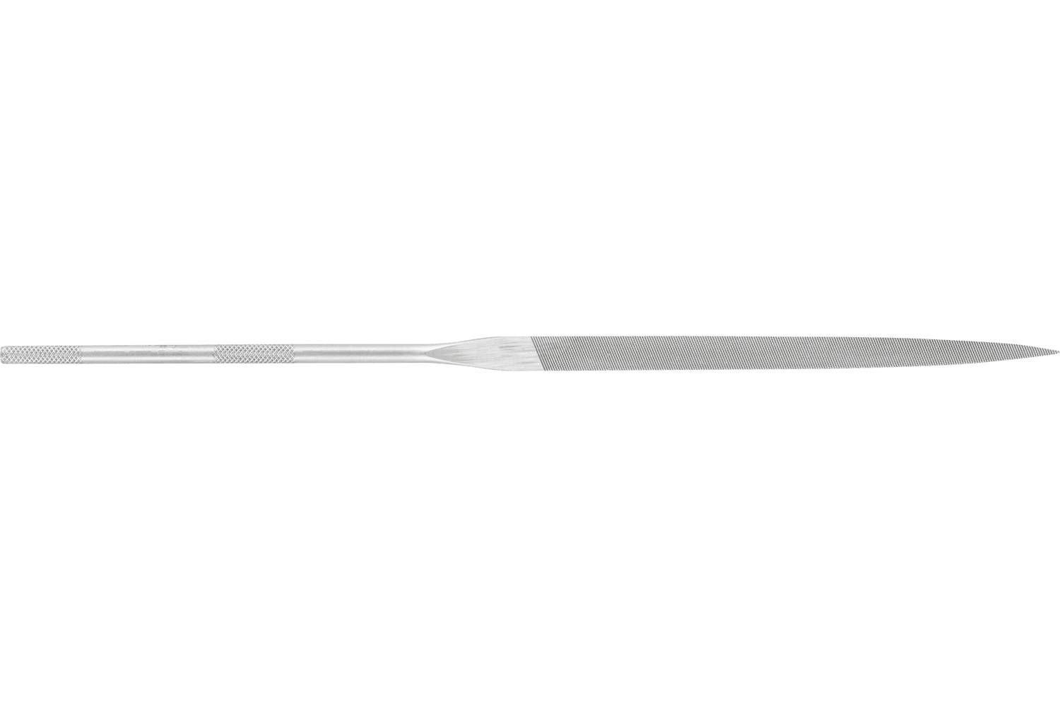 A long, thin silver metal file tool with a textured handle and tapered flat blade on a white background.