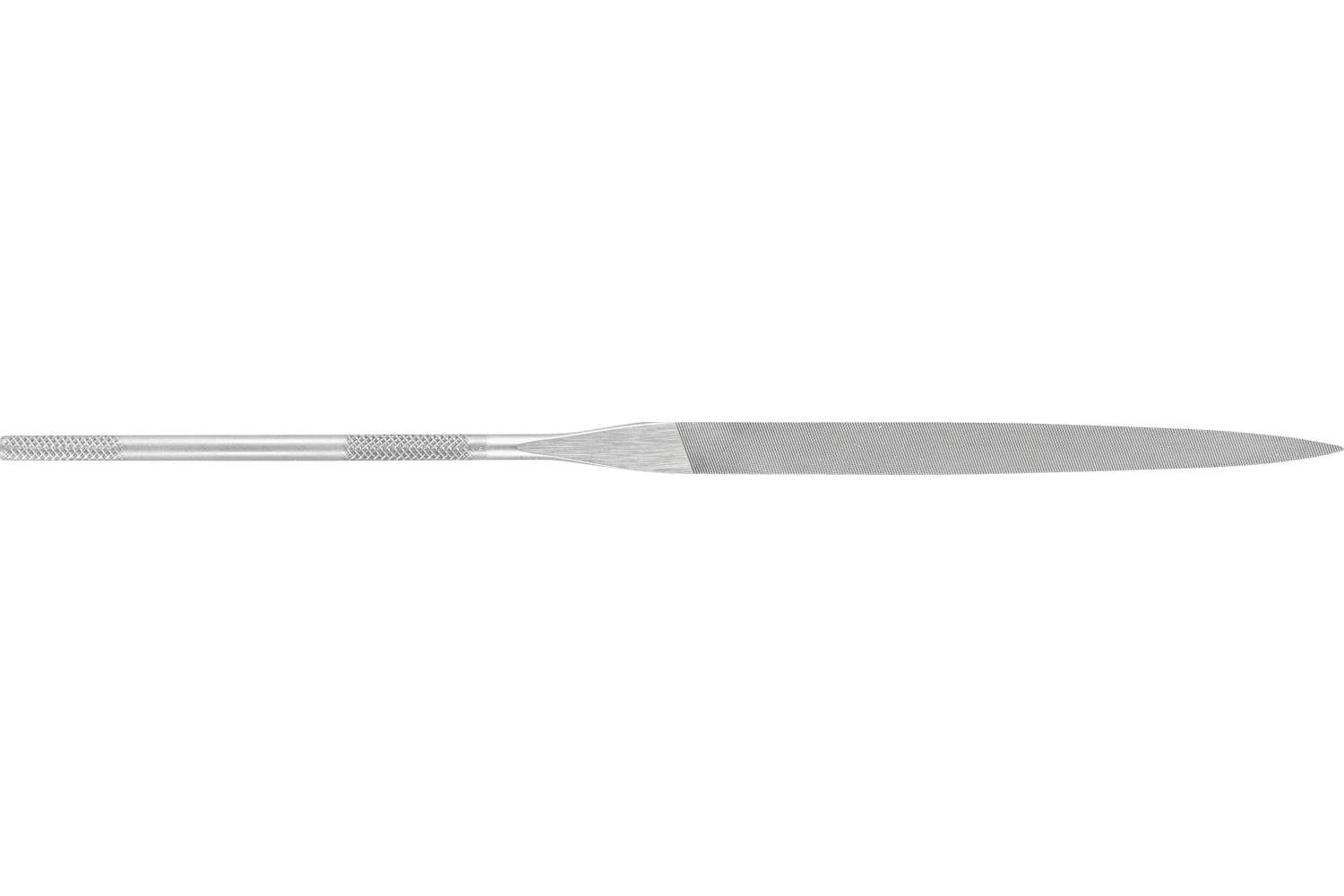 A metal file with a textured handle and tapered, flat working end shown horizontally on a white background.