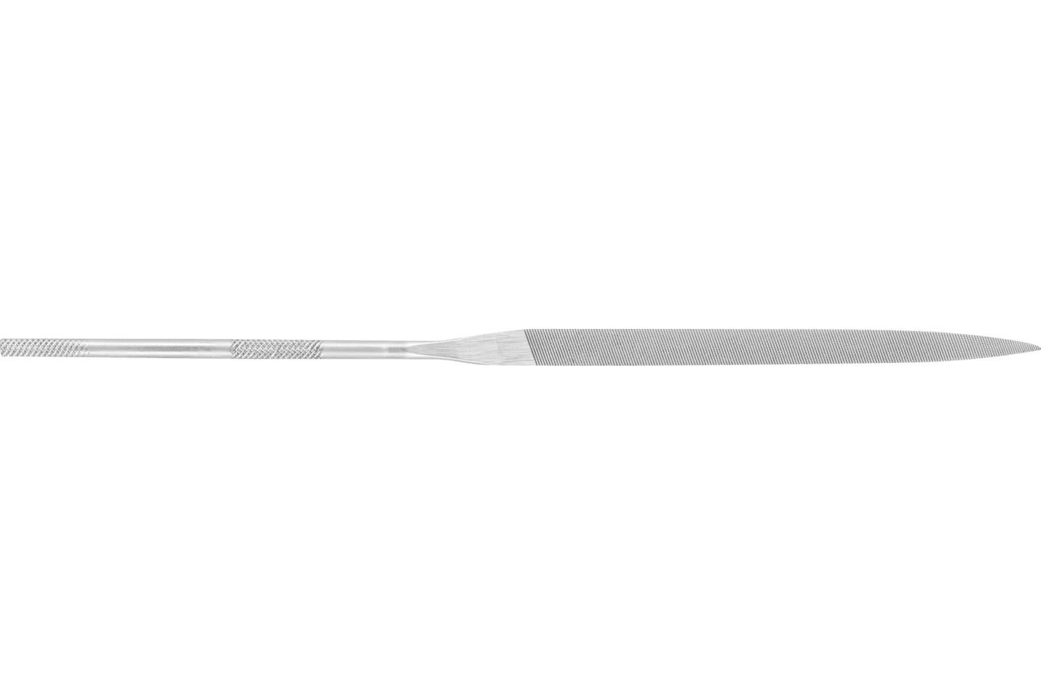 A slim silver metal file tool with a textured handle and tapered pointed tip, shown horizontally on a white background.