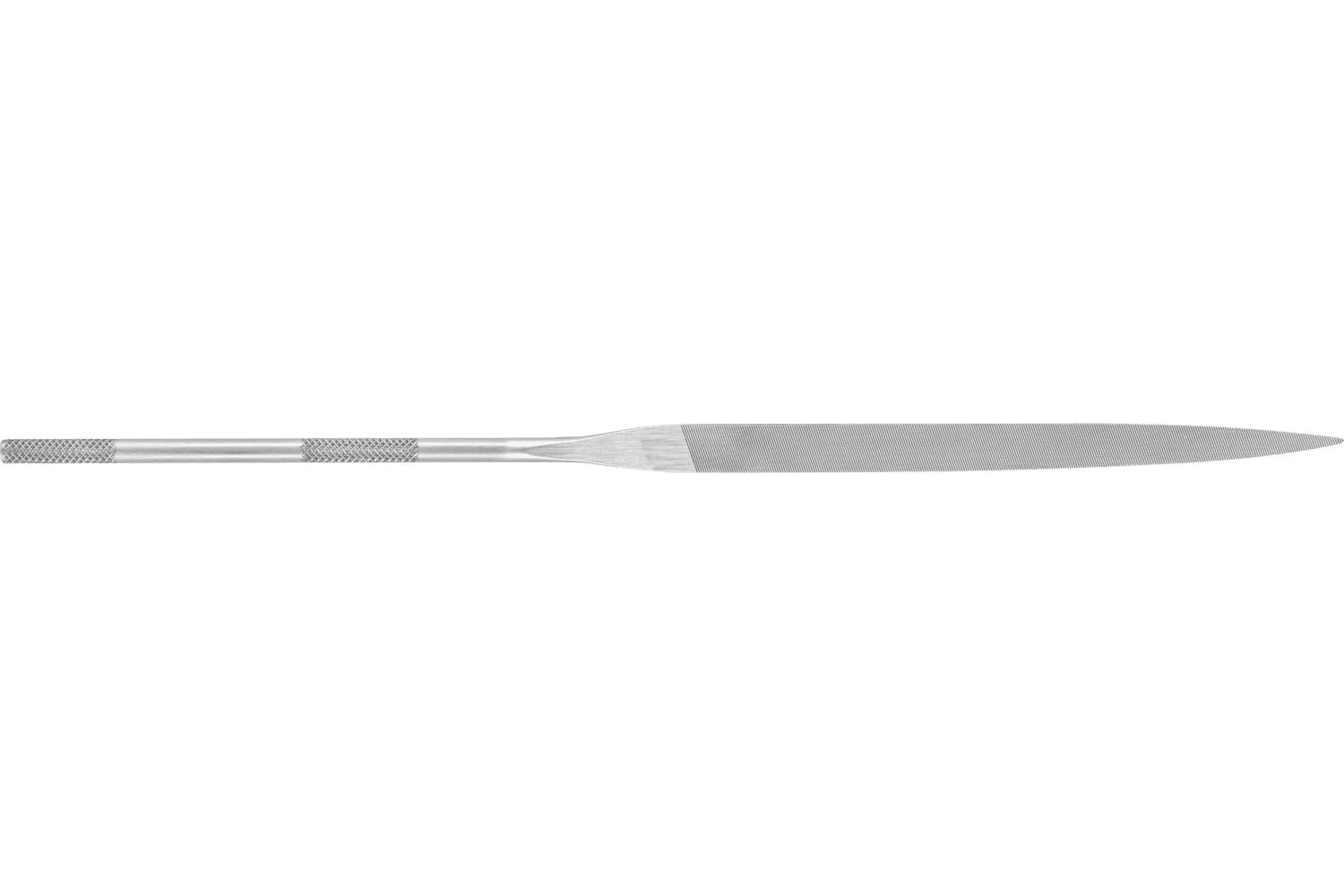 A long, silver knife with a textured handle lies horizontally on a plain white background.