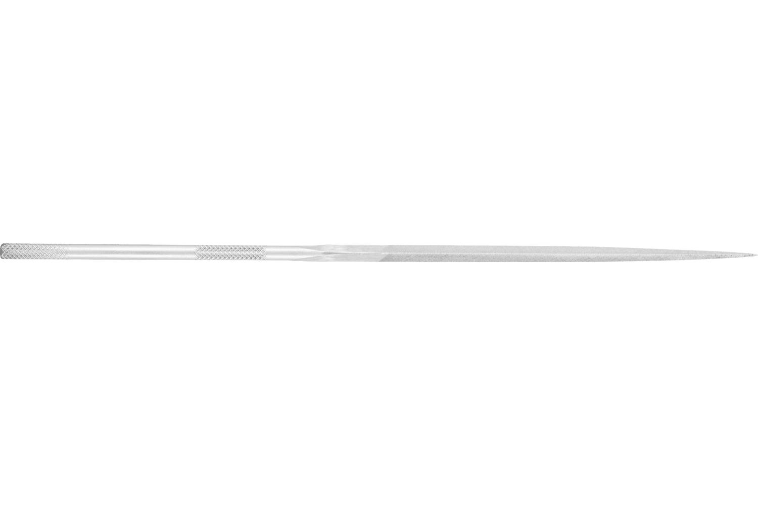 A long, thin silver metal rod or needle lying horizontally on a white background.