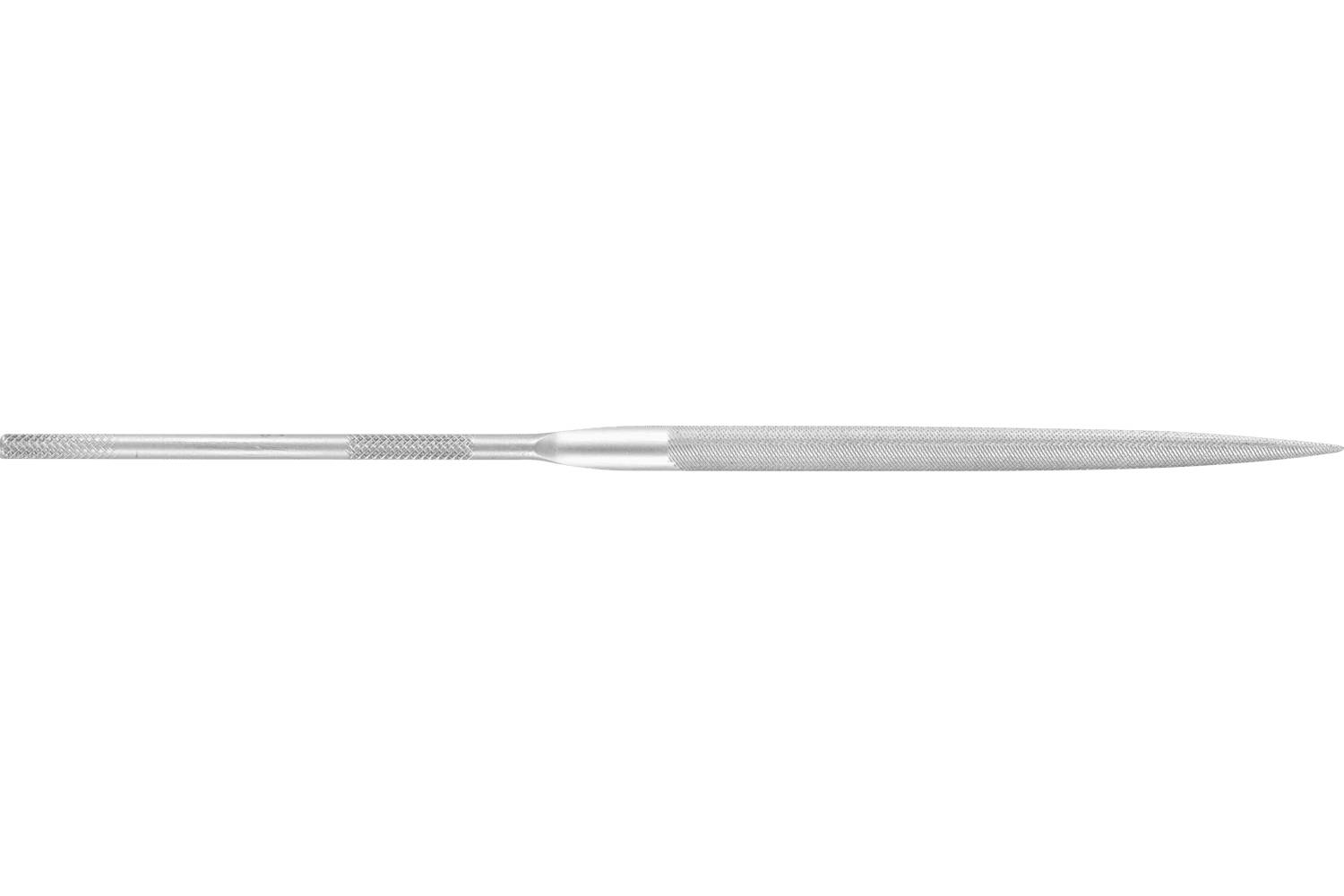 Silver dental explorer tool with a textured handle and pointed tip on a white background