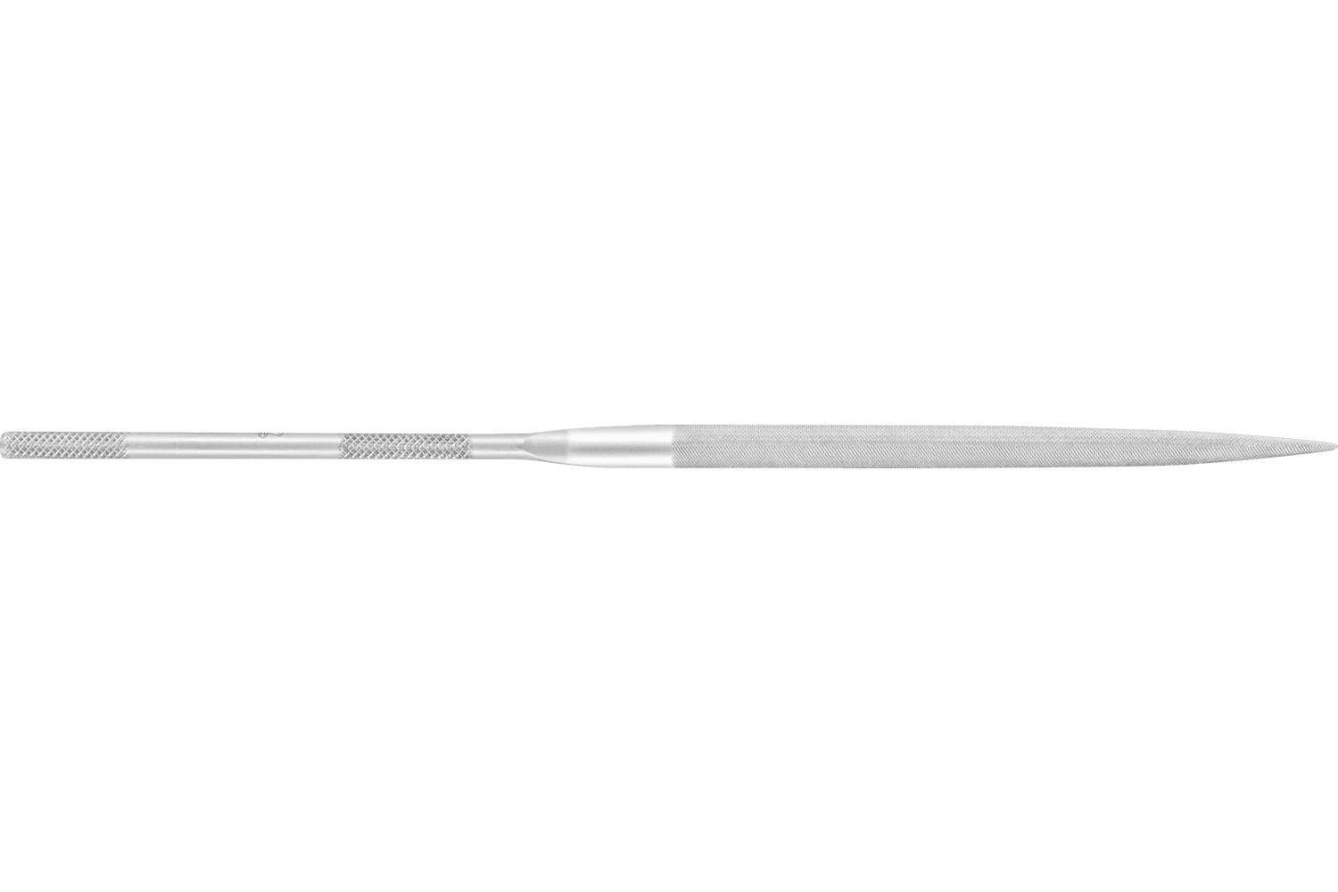 A silver metal dental instrument with a textured handle and long tapered tip, shown horizontally on a white background.
