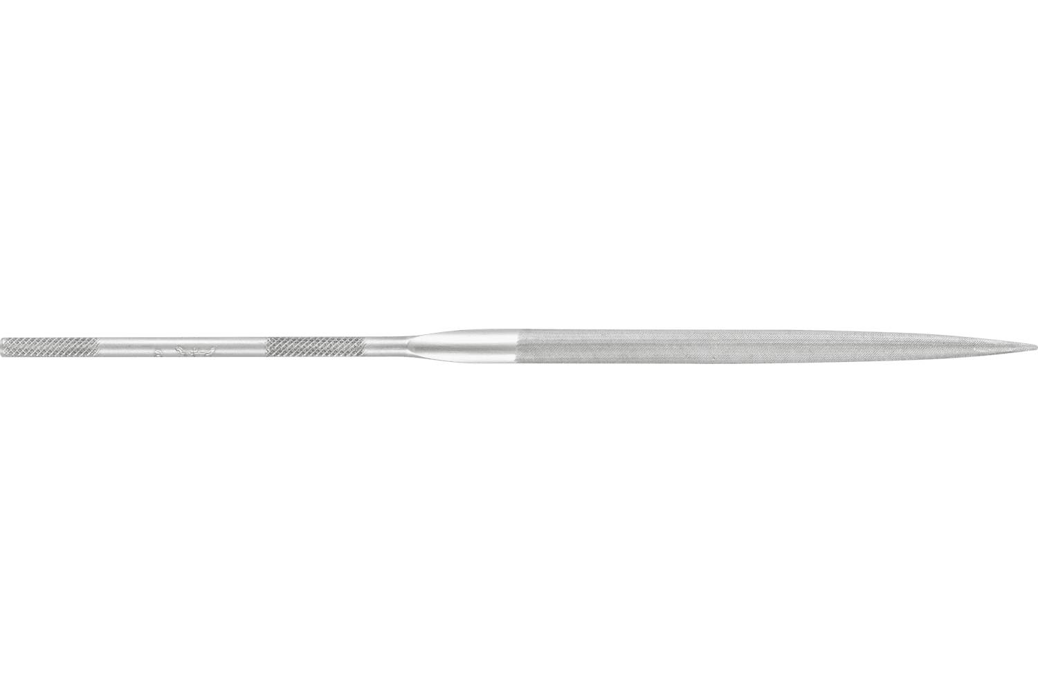 A silver metal dental file or probe with a textured grip and tapered pointed tip on a white background.