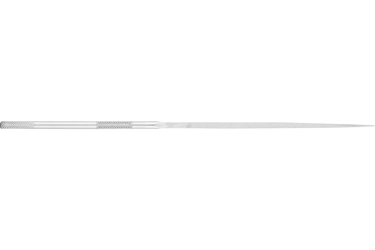 A long, thin silver needle or pin lying horizontally on a white background.