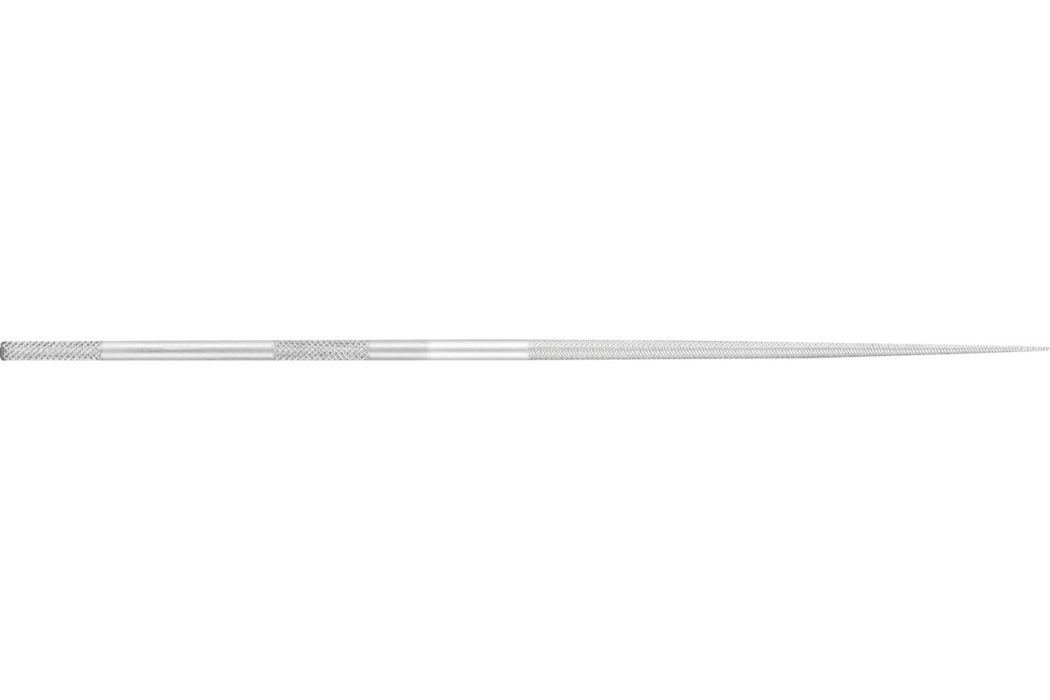 A thin silver metal needle file with a pointed tip, shown horizontally on a white background.
