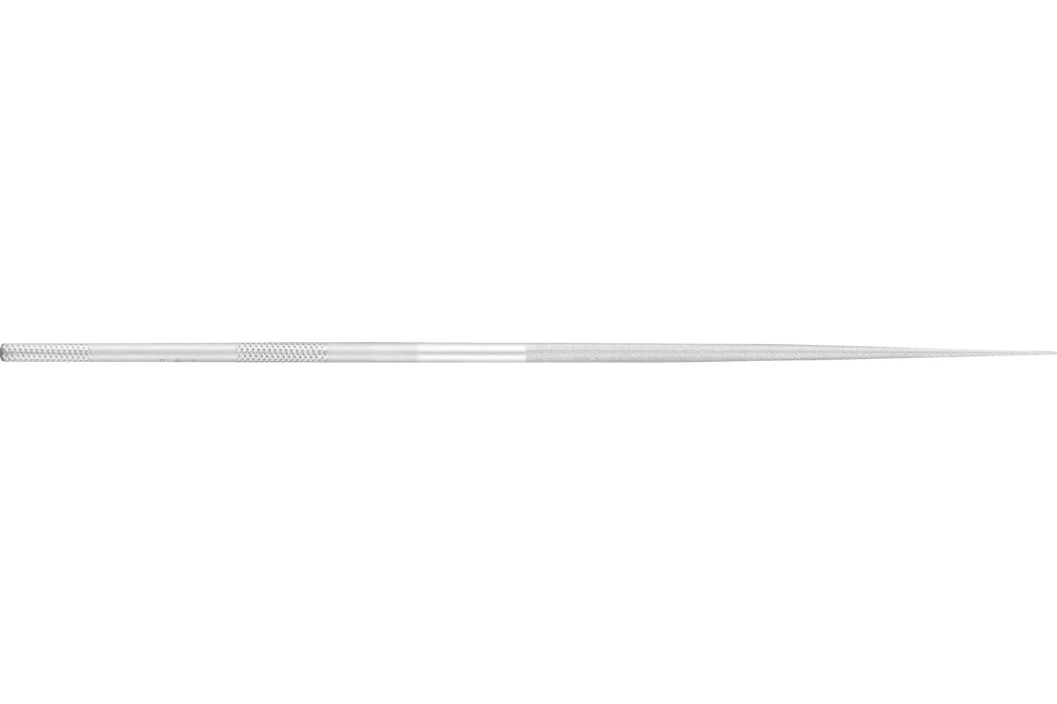 A thin silver needle or pin lying horizontally on a white background, tapering to a sharp point on the right.