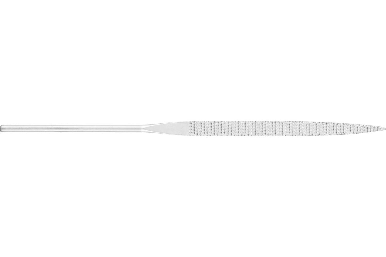 Long metal file or rasp tool with a rounded handle and tapered, textured abrasive surface on a white background