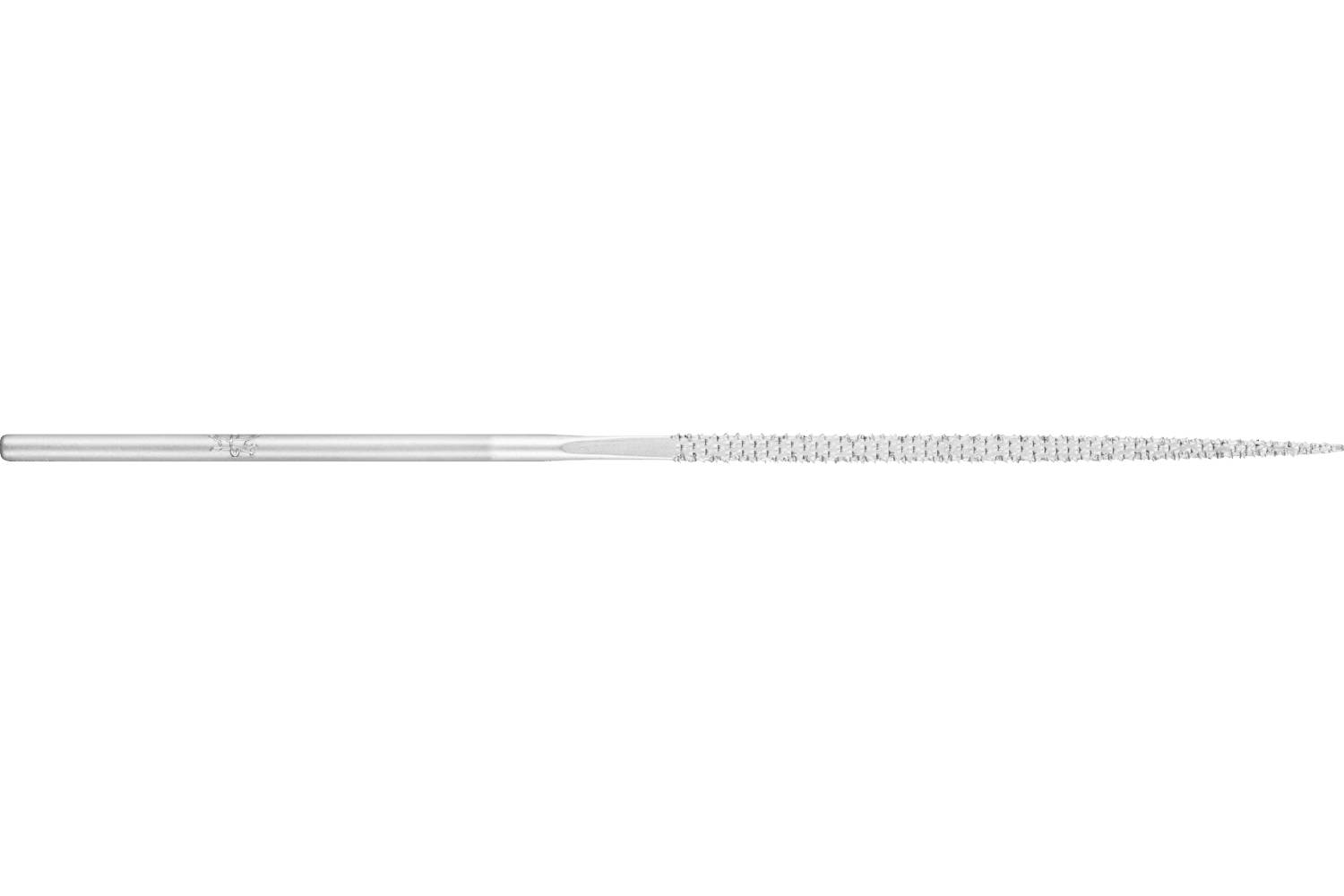 A long, thin metal file or rasp with a textured handle and tapered pointed tip on a white background.