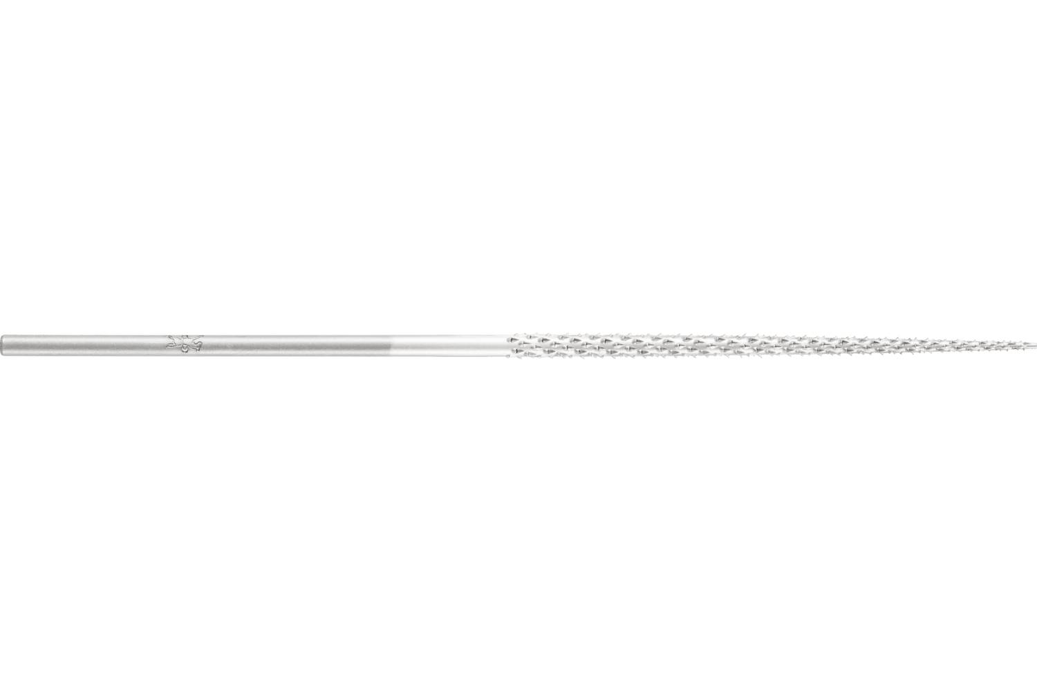 A long, thin metallic drill bit or file with a straight shaft and textured tip, shown horizontally on a white background.