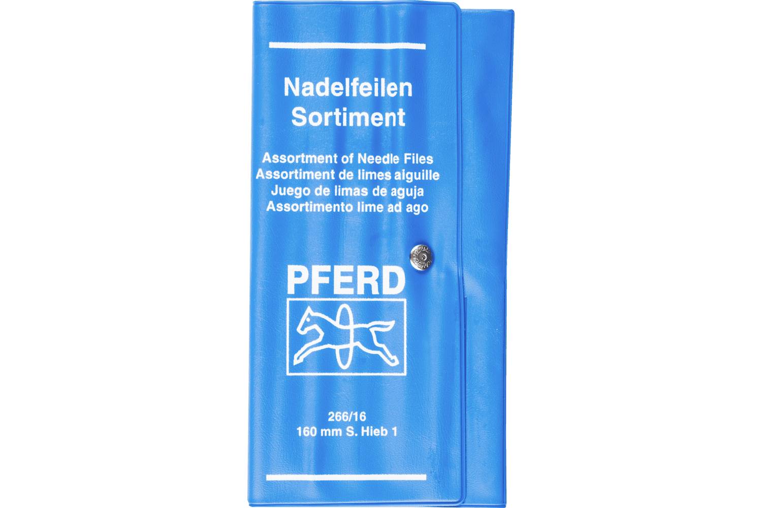Blue PFERD case labeled 'Nadelfeilen Sortiment' for assorted needle files, with multilingual product text and a snap closure.
