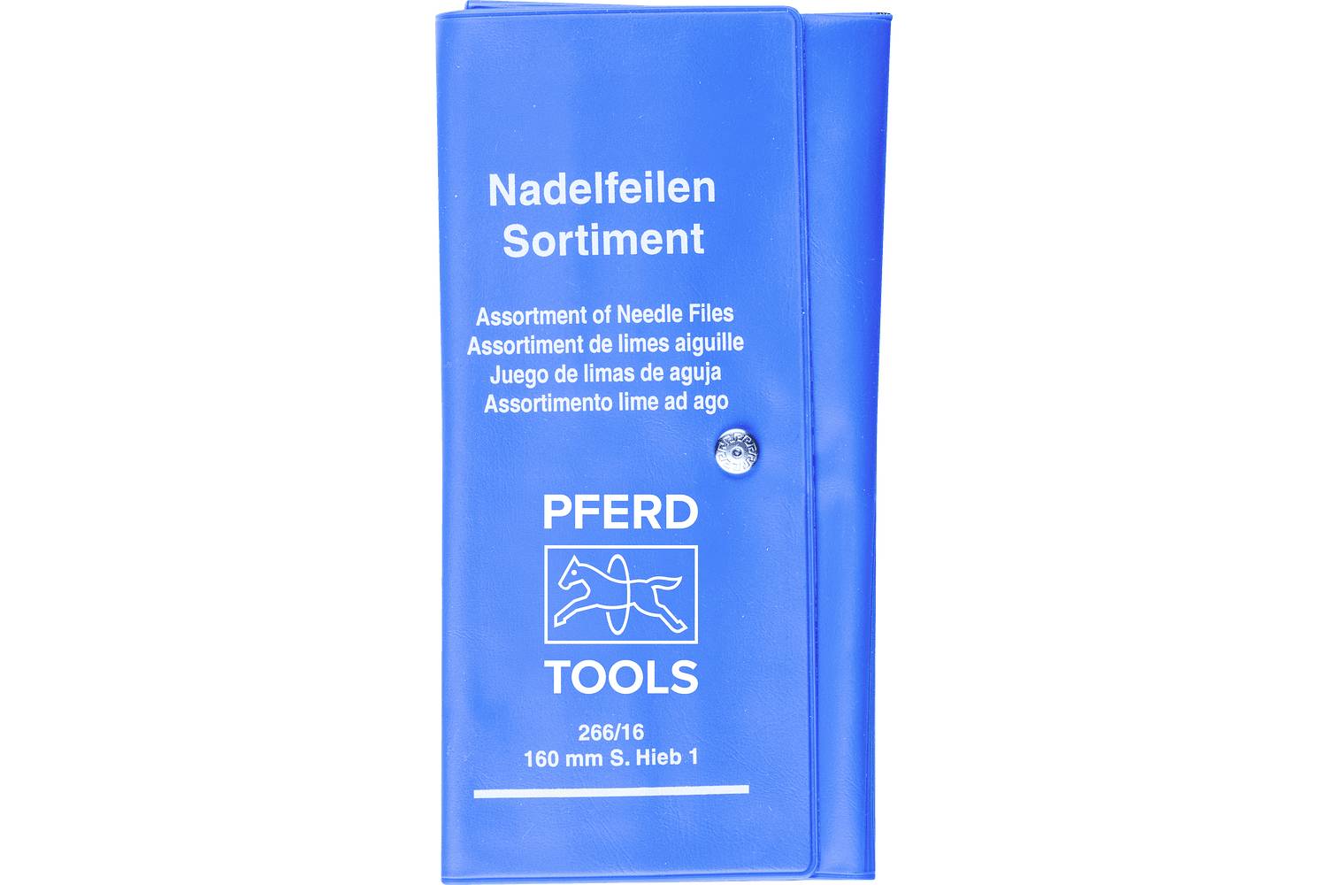 Blue PFERD TOOLS case labeled 'Nadelfeilen Sortiment' and 'Assortment of Needle Files', for a 160 mm needle file set.