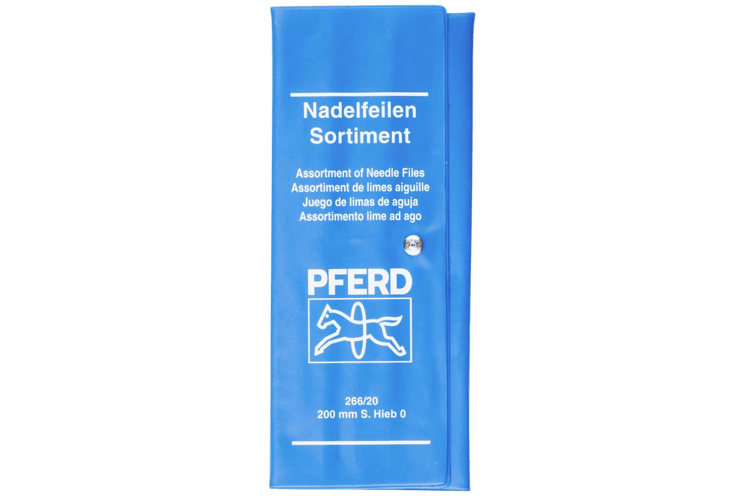 Blue PFERD needle file assortment package labeled 'Nadelfeilen Sortiment' with multilingual product description and size '200 mm S. Hieb 0'.