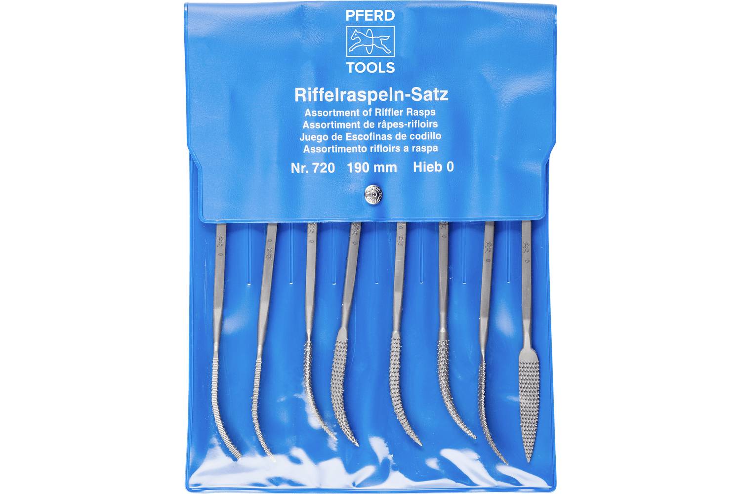 Blue Pfred Tools package of eight riffler files, labeled 'Riffleraspeln-Satz' and 'Nr. 720 190 mm Hieb 0'.