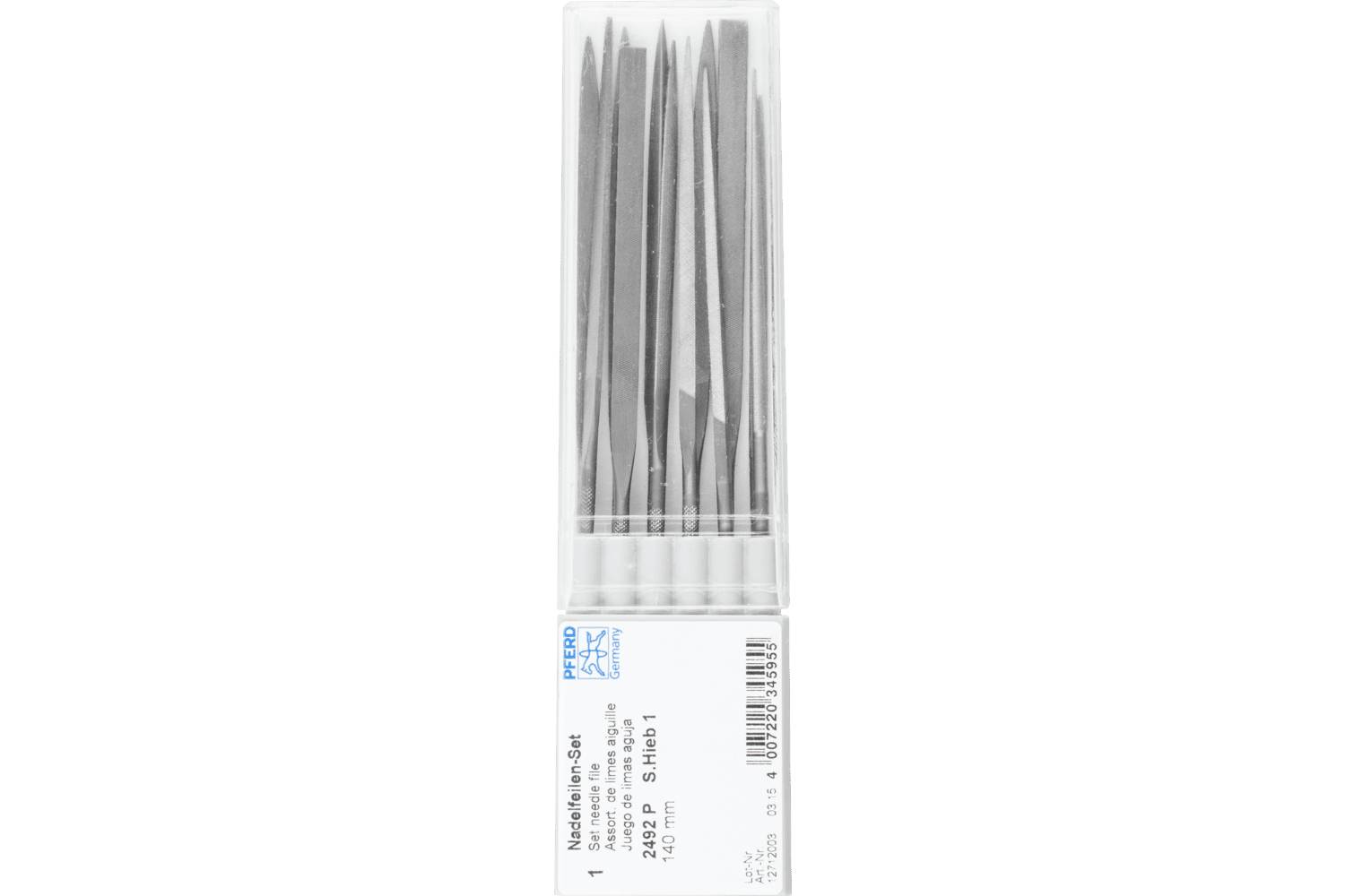 A clear plastic case holds several metal nail files, with a product label at the bottom.