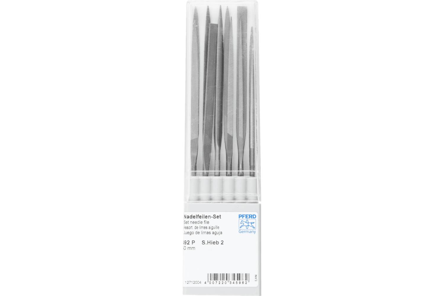 Set of six metal needle files in a clear plastic case with a labeled front panel and barcode.