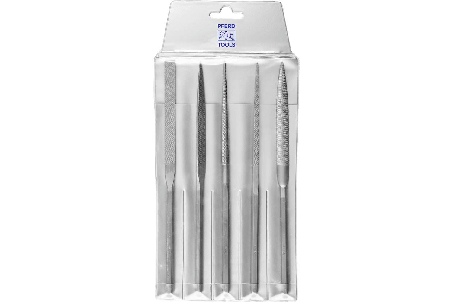 Packaged set of five metal files in clear plastic sleeves, labeled 'PFERD TOOLS' on a hanging retail card.