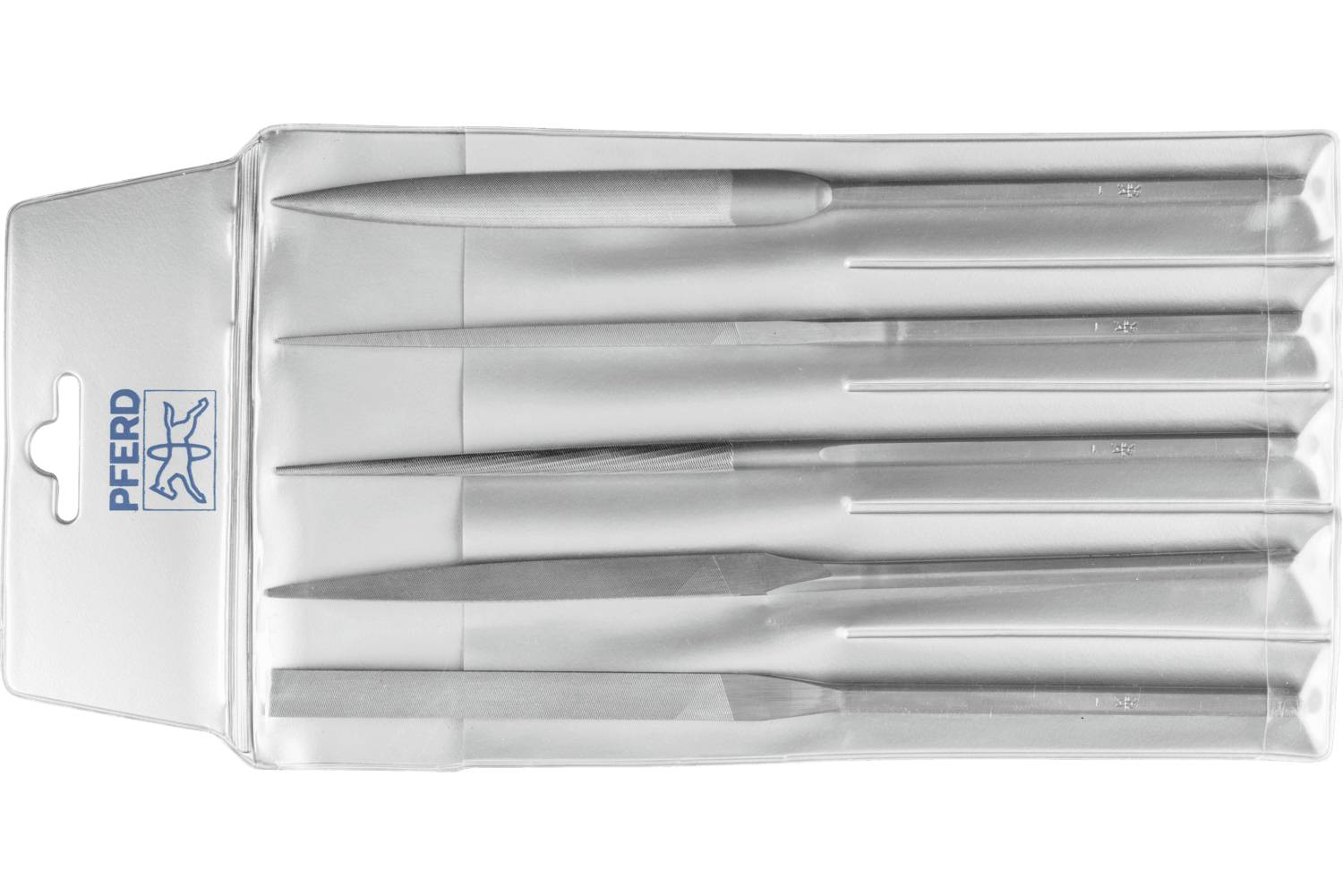 Plastic case holding five silver carving knives with a blue 'PERRO' logo on the left side.