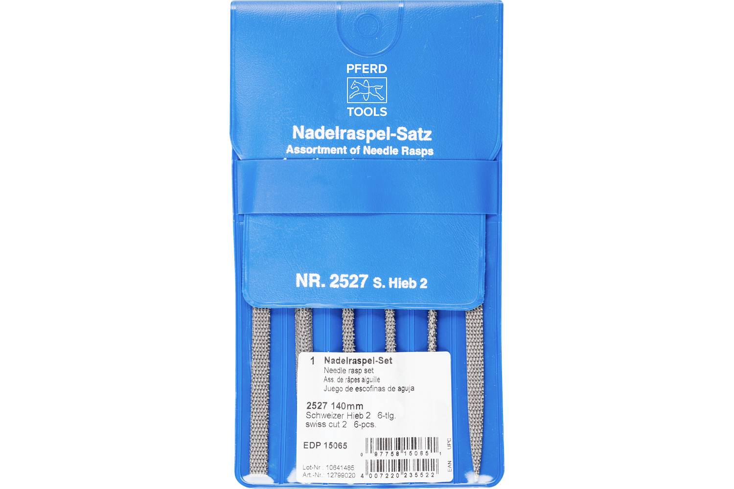 Blue PFERD Tools needle file set package labeled 'Nadelfeilen-Satz' and 'NR. 2527 S. Hieb 2', with product label visible at bottom.
