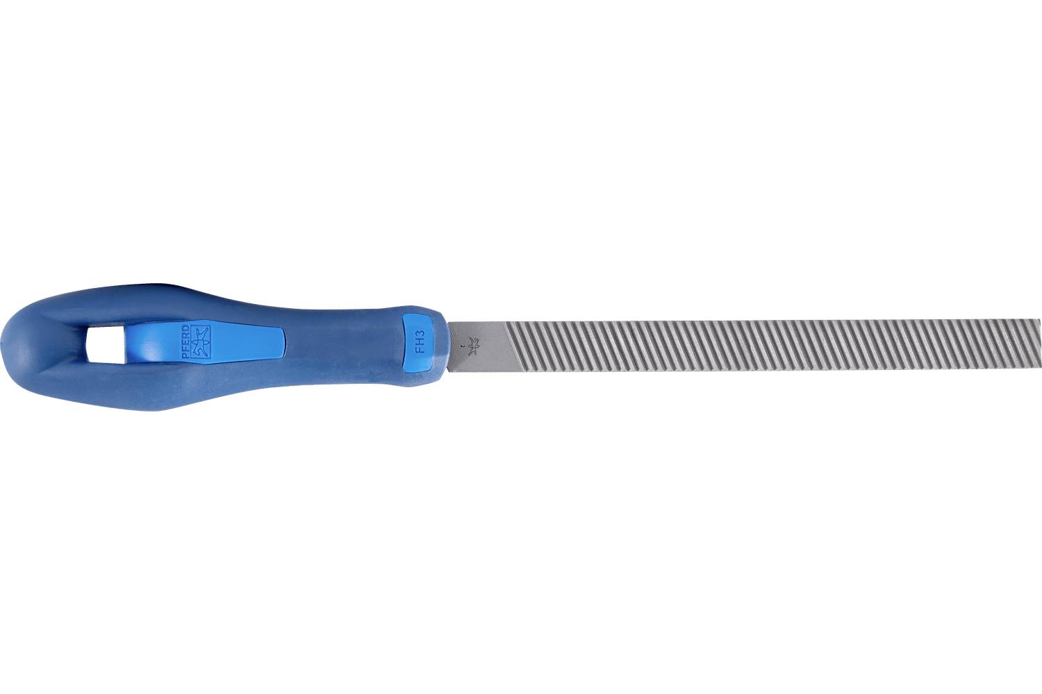 Blue-handled metal file tool shown horizontally on a white background.